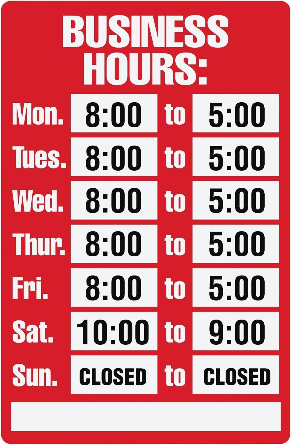 Business Hours Sign Kit 8×12 Inch Plastic Outdoor Wall Mount No Illumination