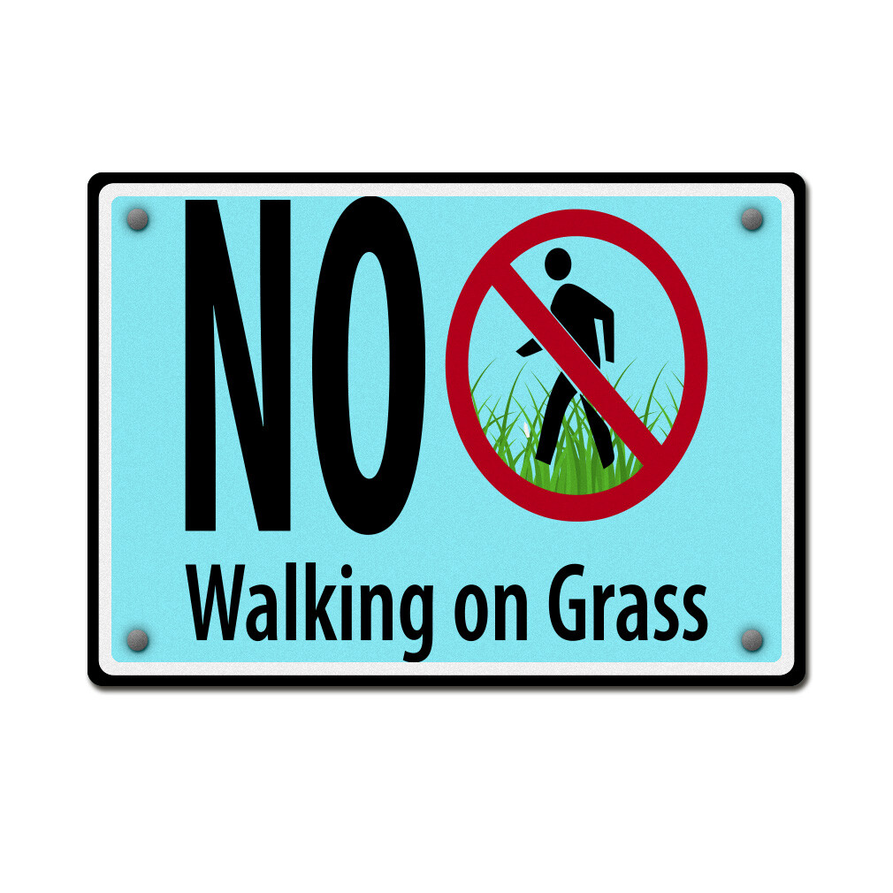 Horizontal Metal Sign No Walking on Grass Hazard Keep off White