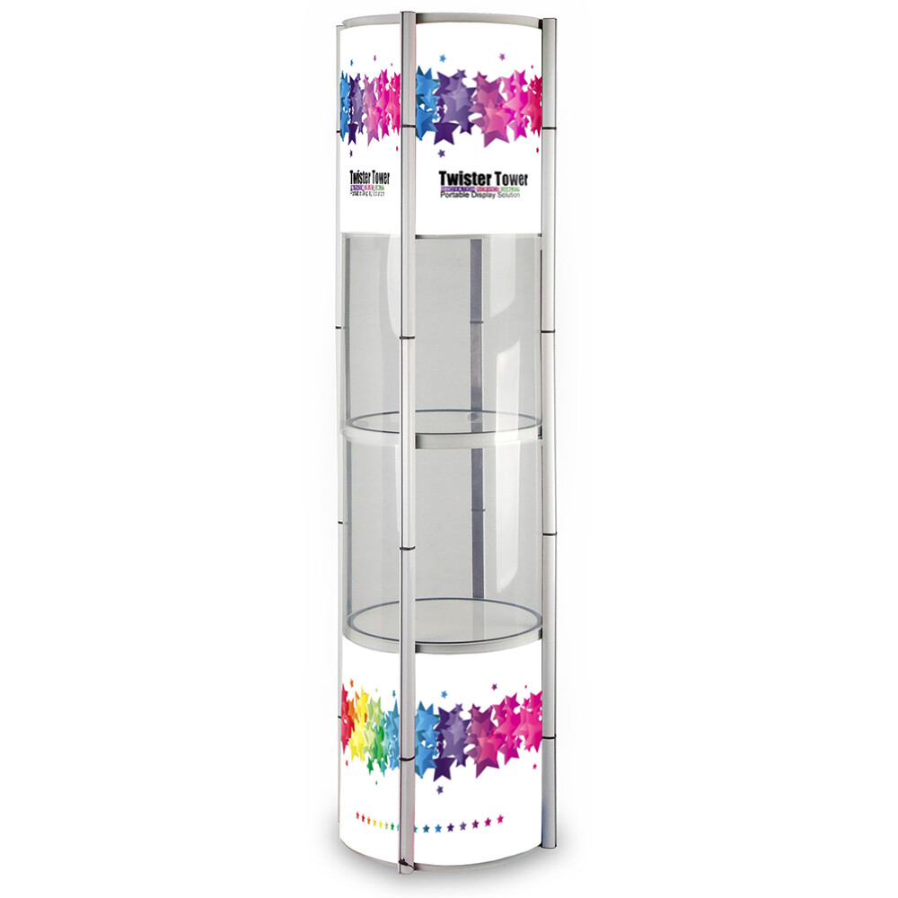 81.1in Round Twist Display Counter with Shelves Top Light Clear Magnetic Panels