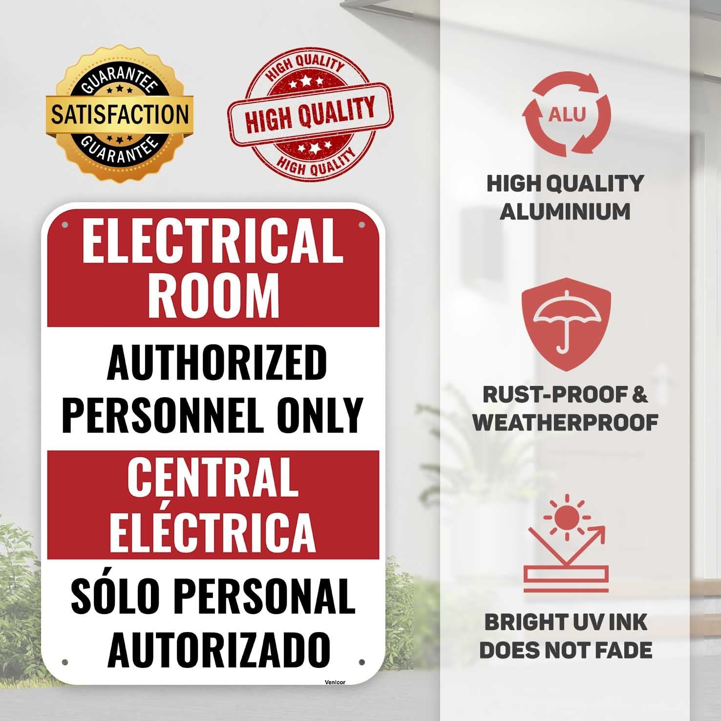 1 PC Bilingual Aluminum Electrical Room Sign Authorized Personnel 14×10 Inch