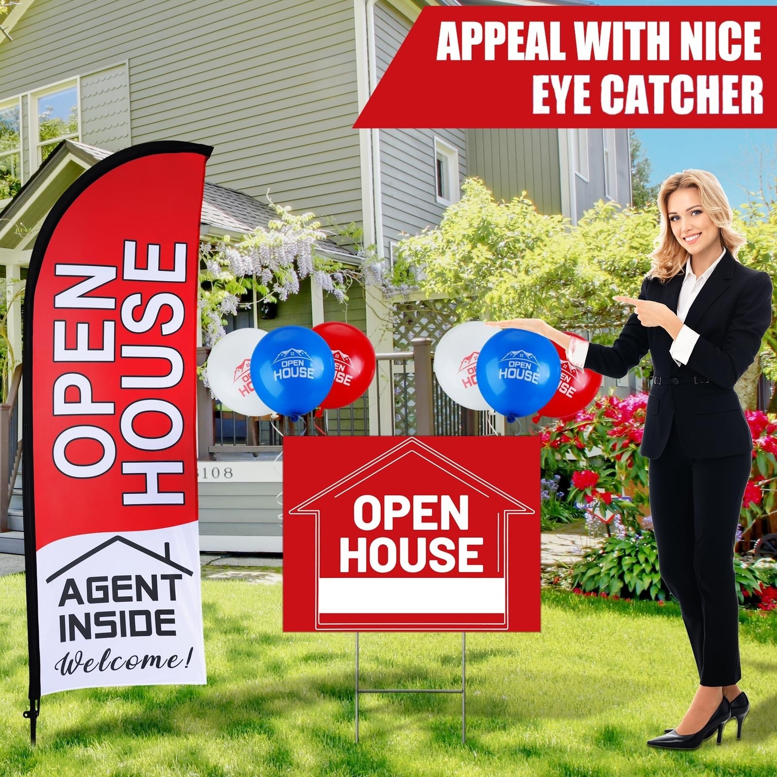 Open House Signs Set – 36 Pcs, Yard Flag Kit, Directional Arrows, Metal Stakes &