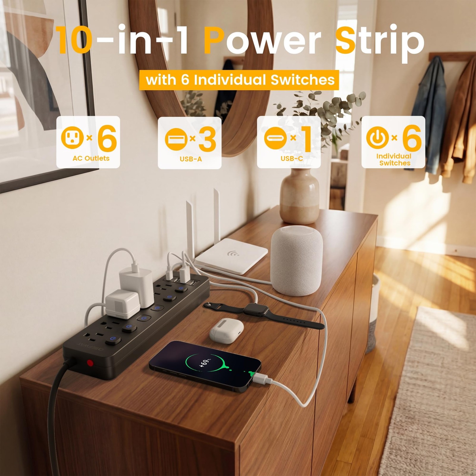 10Ft Power Strip with Individual On/Off Switches, 6 Outlets & 4 USB Ports (1 …