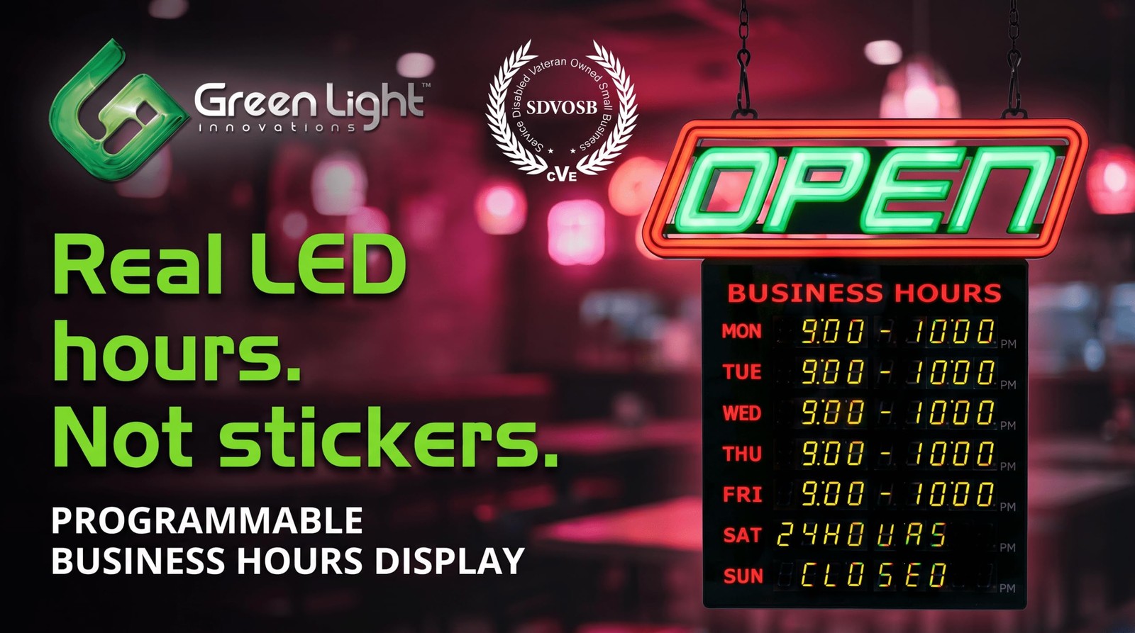GLI Led Open Sign with Business Hours – Stand Out with 1000’s Color Combos to Ma
