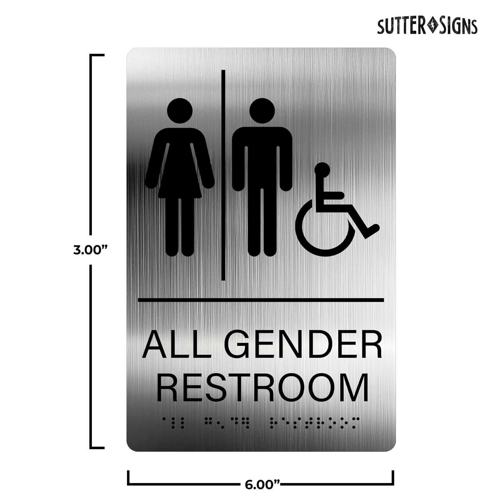 All Gender Restroom Sign Braille Gender Neutral 6×9 Inch Adhesive Black