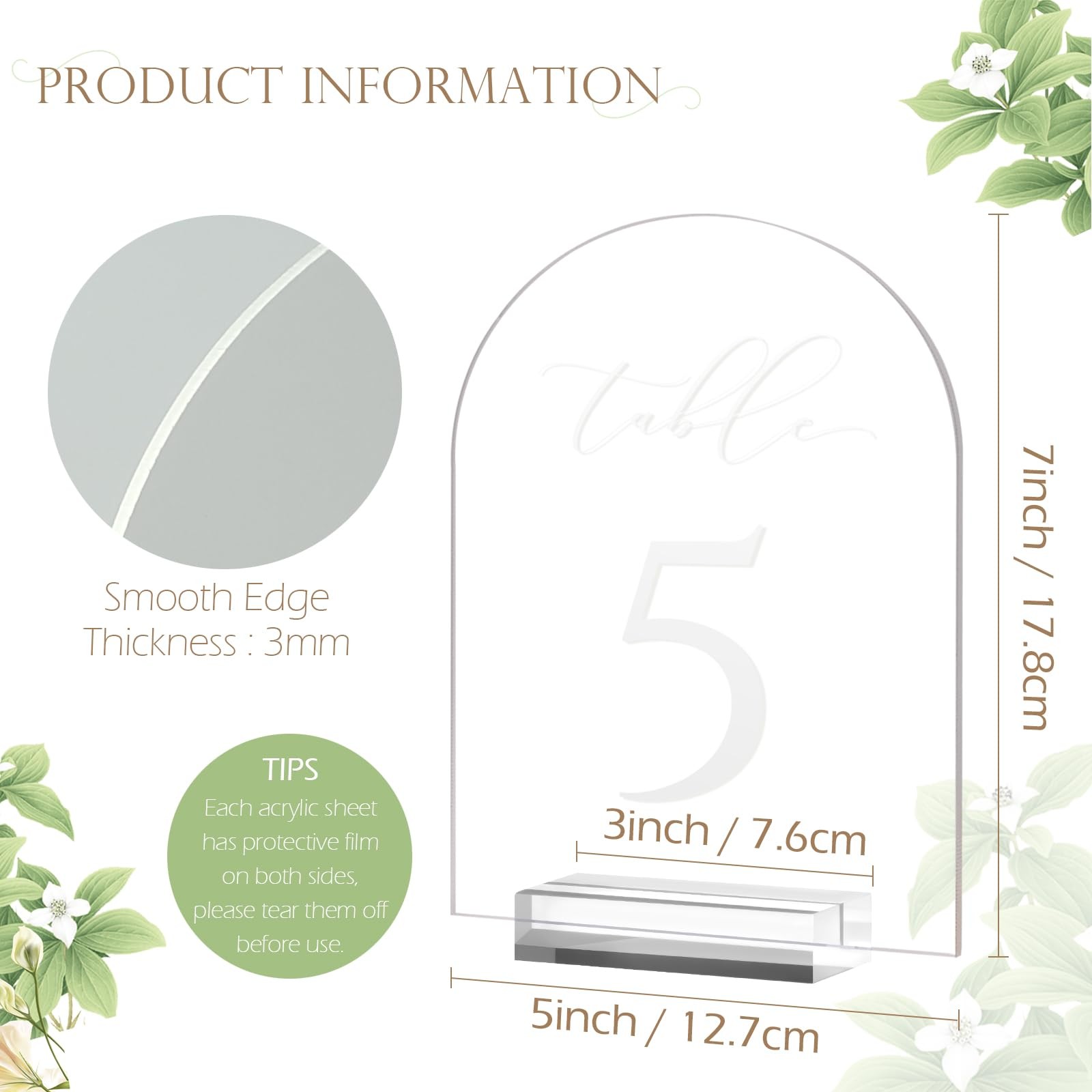 115 Frosted Acrylic Arch Wedding Table Numbers Stands Signs 5×7 Inch