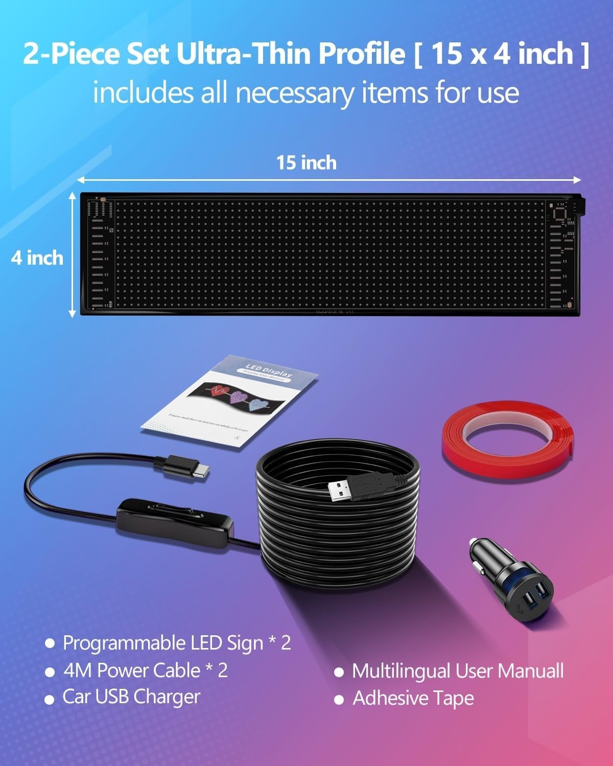 Dual Synchronizing LED Car Signs – 15x4in Flexible Display for All Vehicles