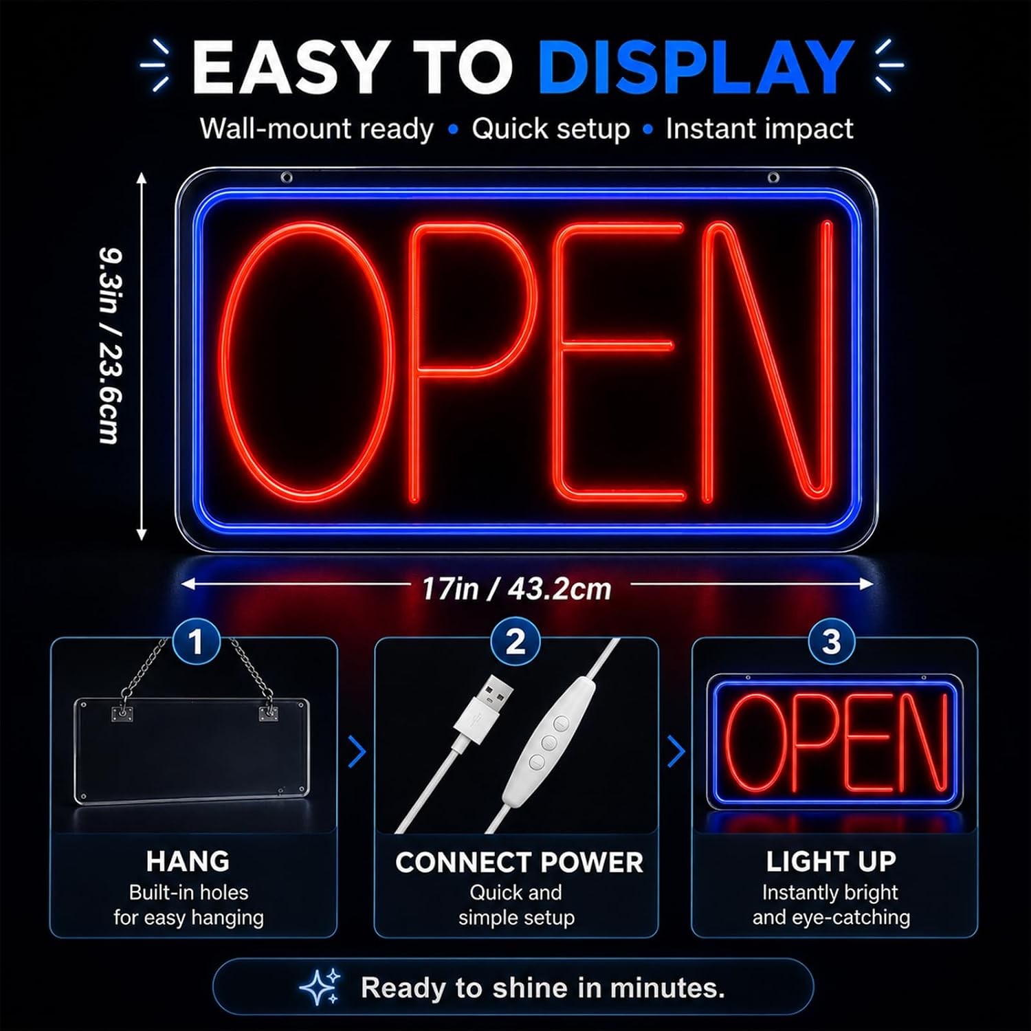 Open Sign Neon Light 17&Prime; X 9.3&Prime; LED Open Sign for Business Window Ultra Bright