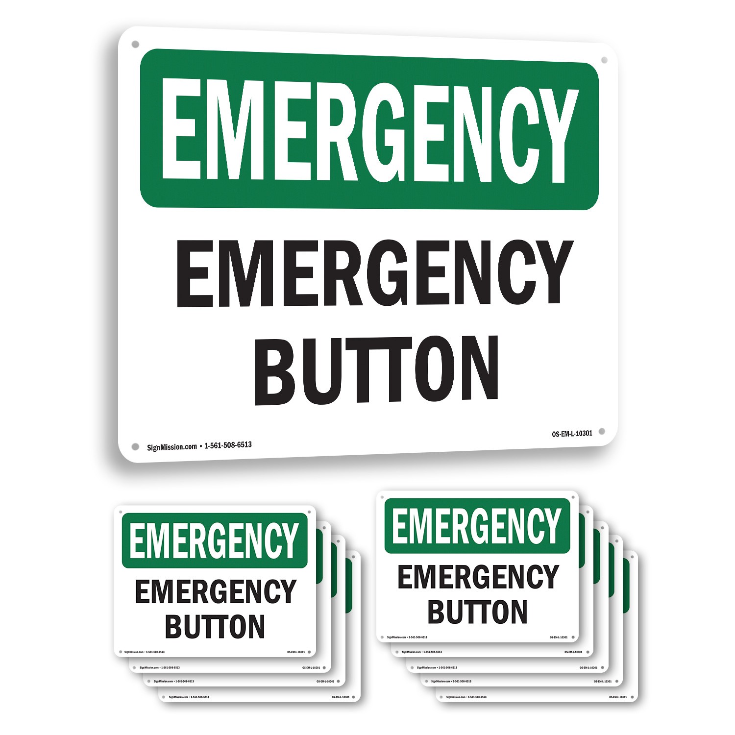 Button OSHA Emergency Sign Metal, Plastic, Or Decal – 5 or 10 Pack