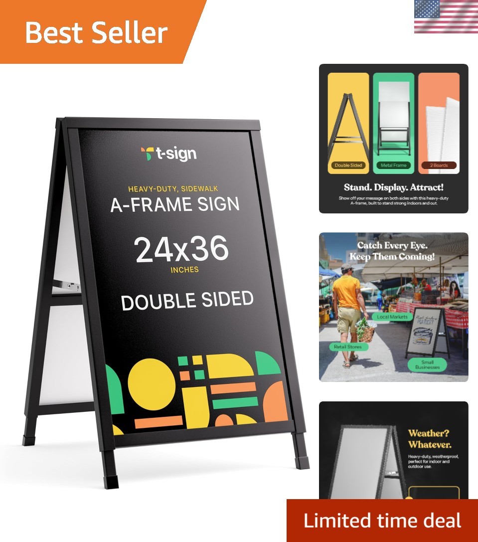 Outdoor A-Frame Sidewalk Sign 24×36 Inch Sandwich Board, Black Coated Steel M…