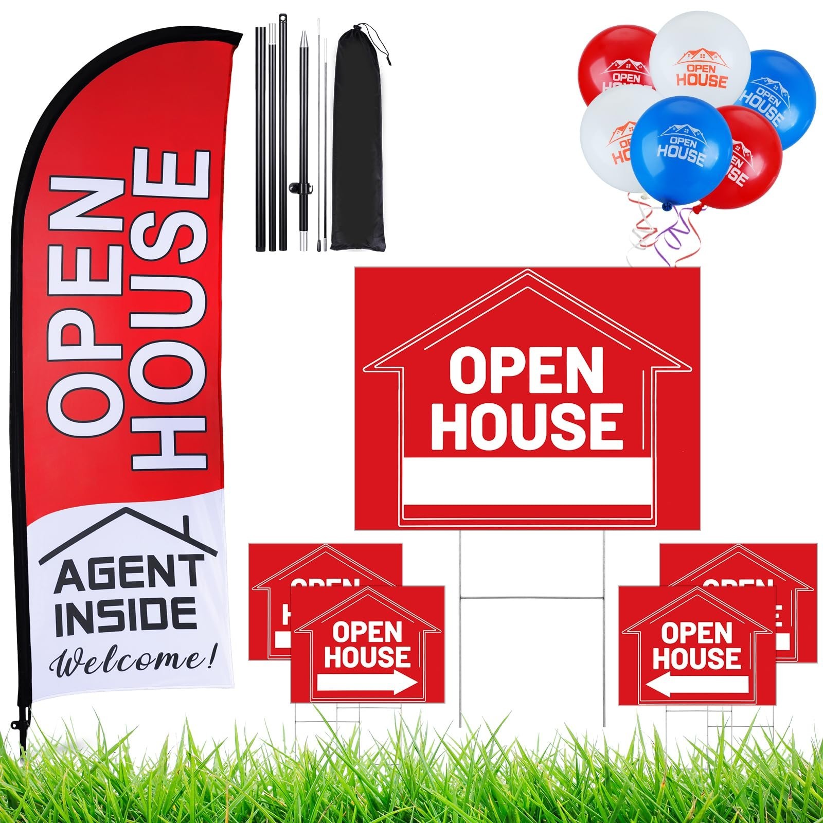 Open House Signs Set – 36 Pcs, Yard Flag Kit, Directional Arrows, Metal Stakes &
