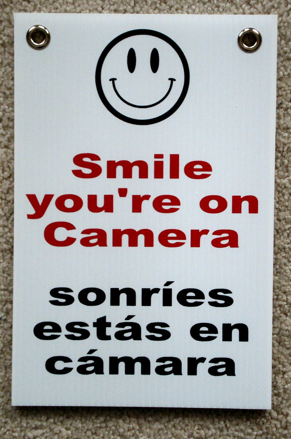 SMILE YOU&rsquo;RE ON CAMERA SIGN 8&Prime;x12&Prime; w/ Grommets Security Surveillance Spanish