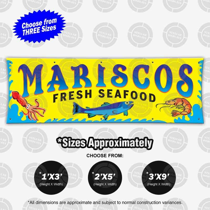 MARISCOS Fresh Seafood Banner Restaurant Open Sign Shrimp Camarones Cuisine Fish