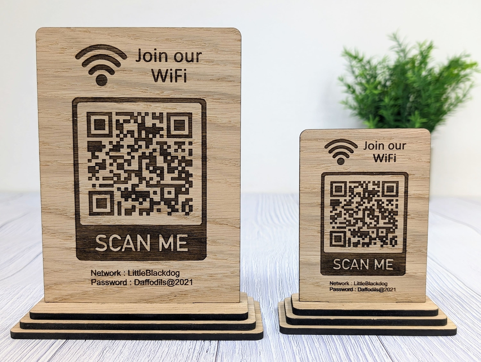 Wooden WiFi QR Code Sign, Network Password Table Display, 2 Sizes, 1 or 2 Sided