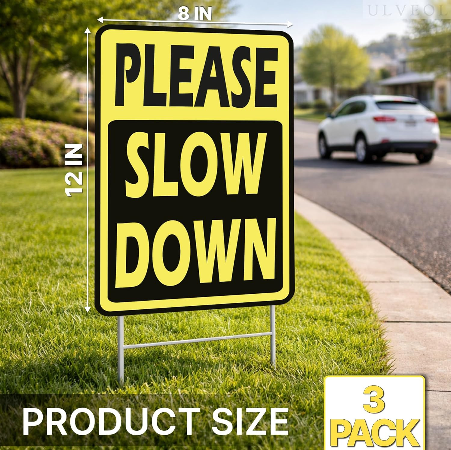 Set of 3 Double Sided 8×12 Inches « Please Slow Down » Sign with Metal H-Stakes…