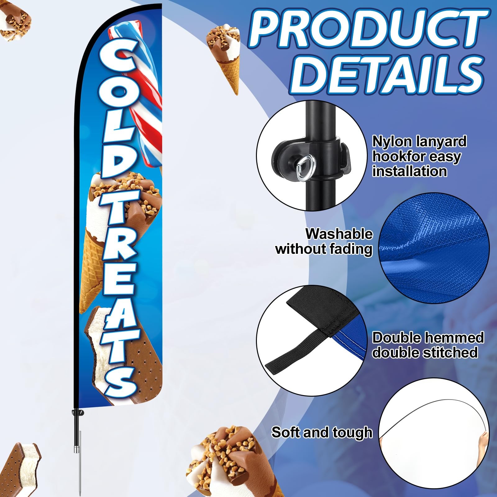 15 ft Cold Treats Ice Cream Windless Feather Banner Flag Kit Cold Treats Adve…