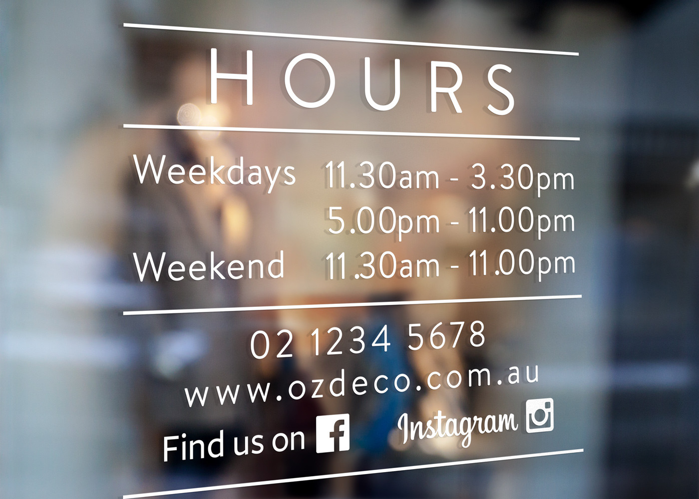 Opening Hours Window Sign Decal Weekdays Weekend Facebook Instagram