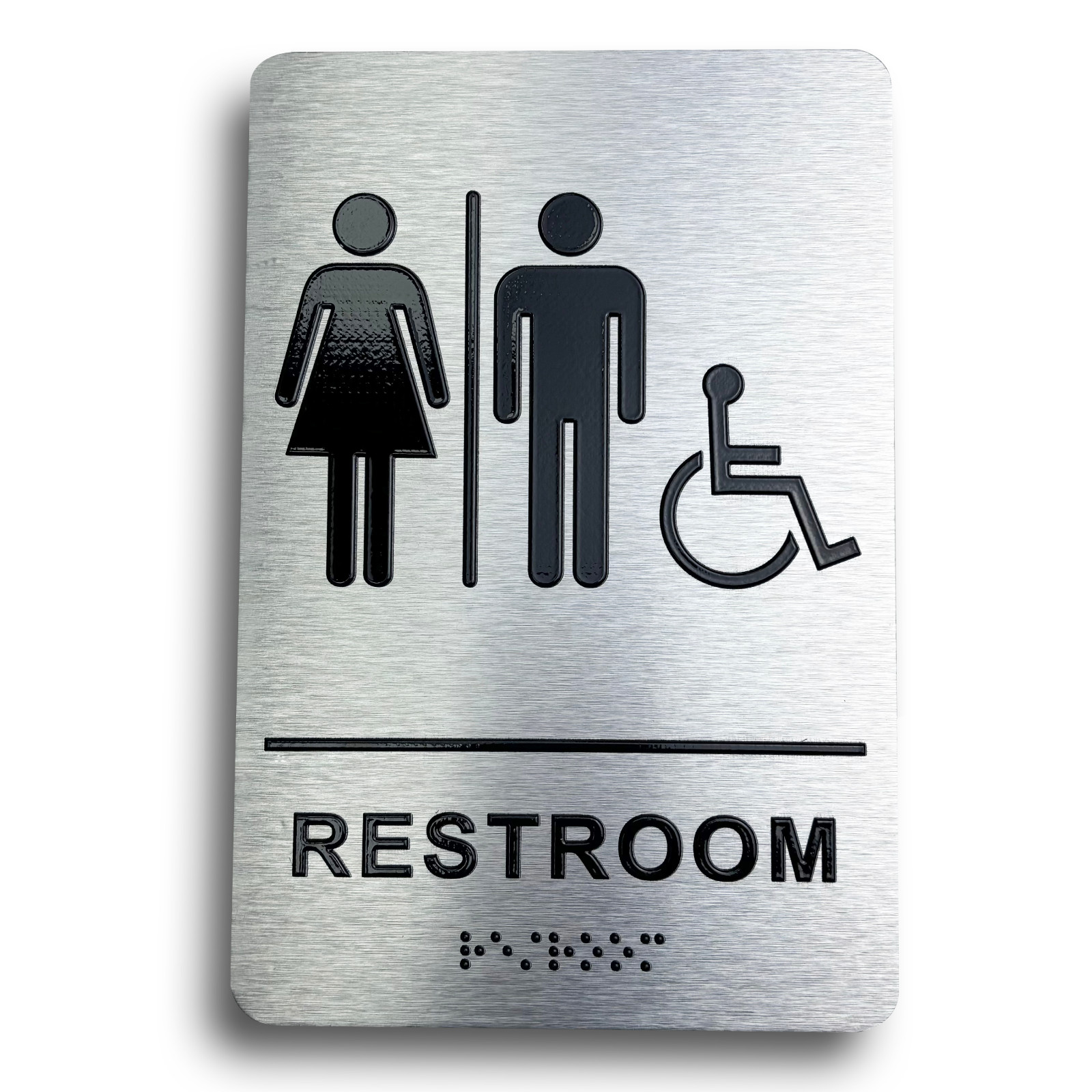 Unisex Restroom Sign with Braille, Aluminum 9 x 6&Prime; ADA Restroom Sign