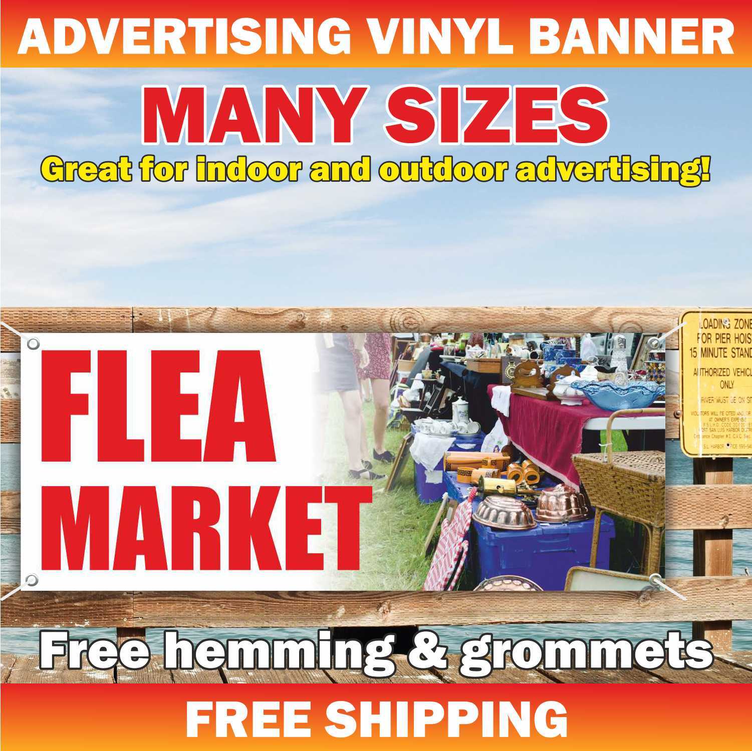 FLEA MARKET Advertising Banner Vinyl Mesh Sign Antiques Collectibles Garage Sale