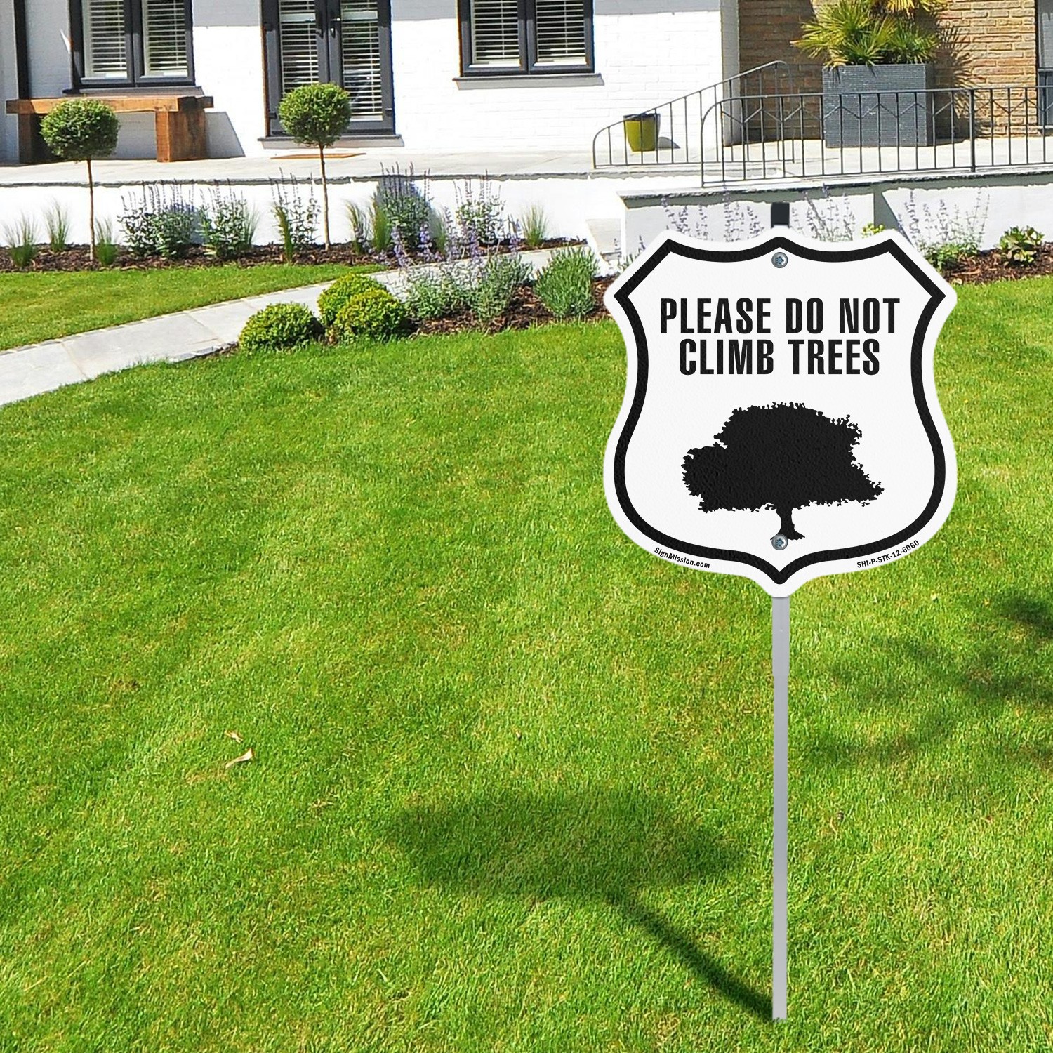 Please Do Not Climb In Trees Shield Shaped Sign With Stake Weather Resistant