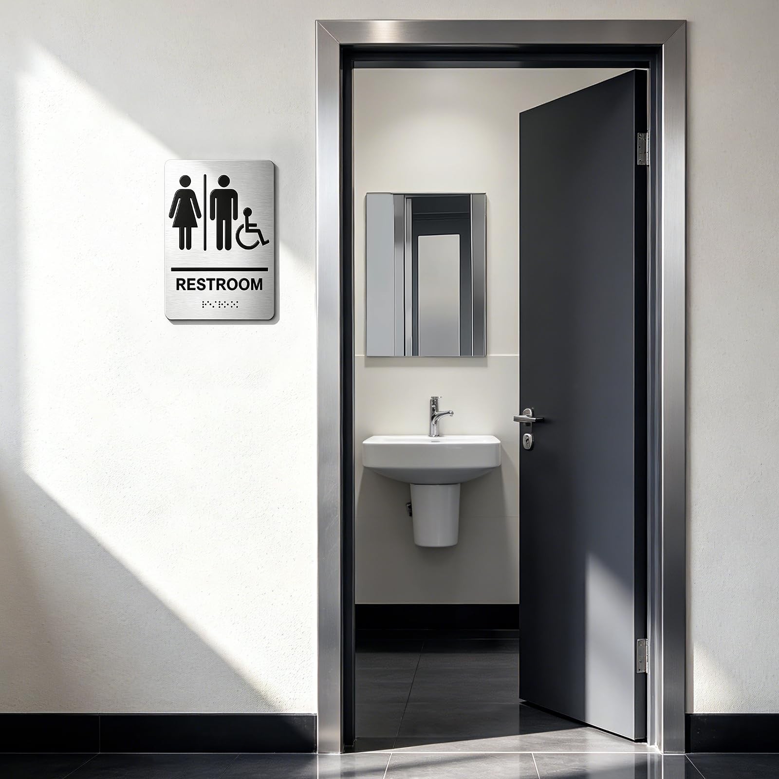 Restroom Sign for Business, Brushed Aluminum ADA Compliant Braille Unisex Bat…
