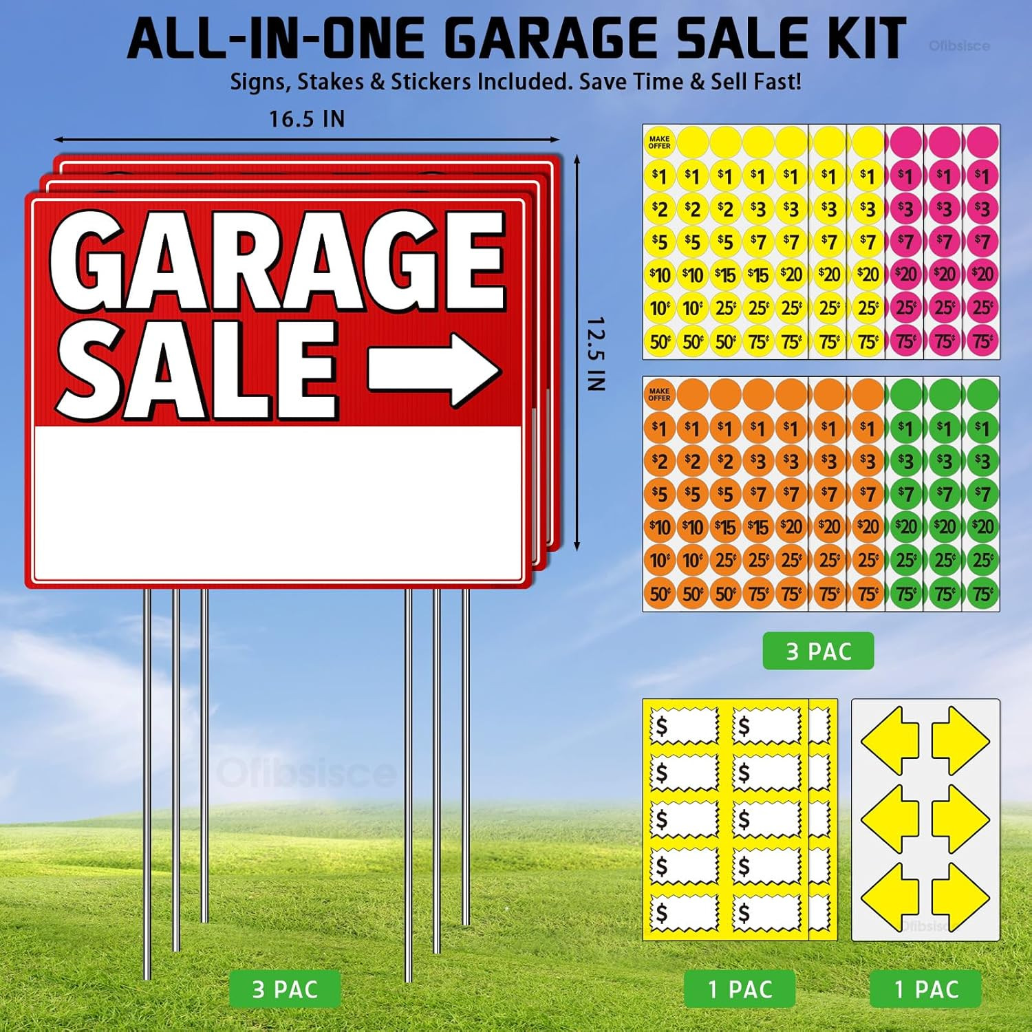 Garage Sale Sign Kit with Stakes – 17X13&Prime; Yard Sale Signs for Custom Route Navig