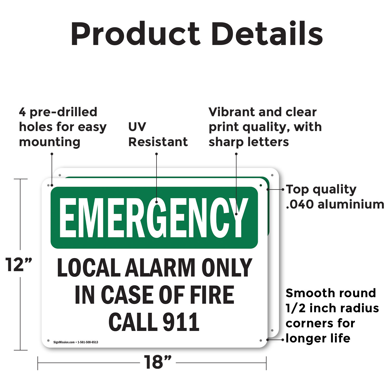 (2 Pack) Local Alarm Only In Case Of Fire Call 911 OSHA Emergency Sign Decal