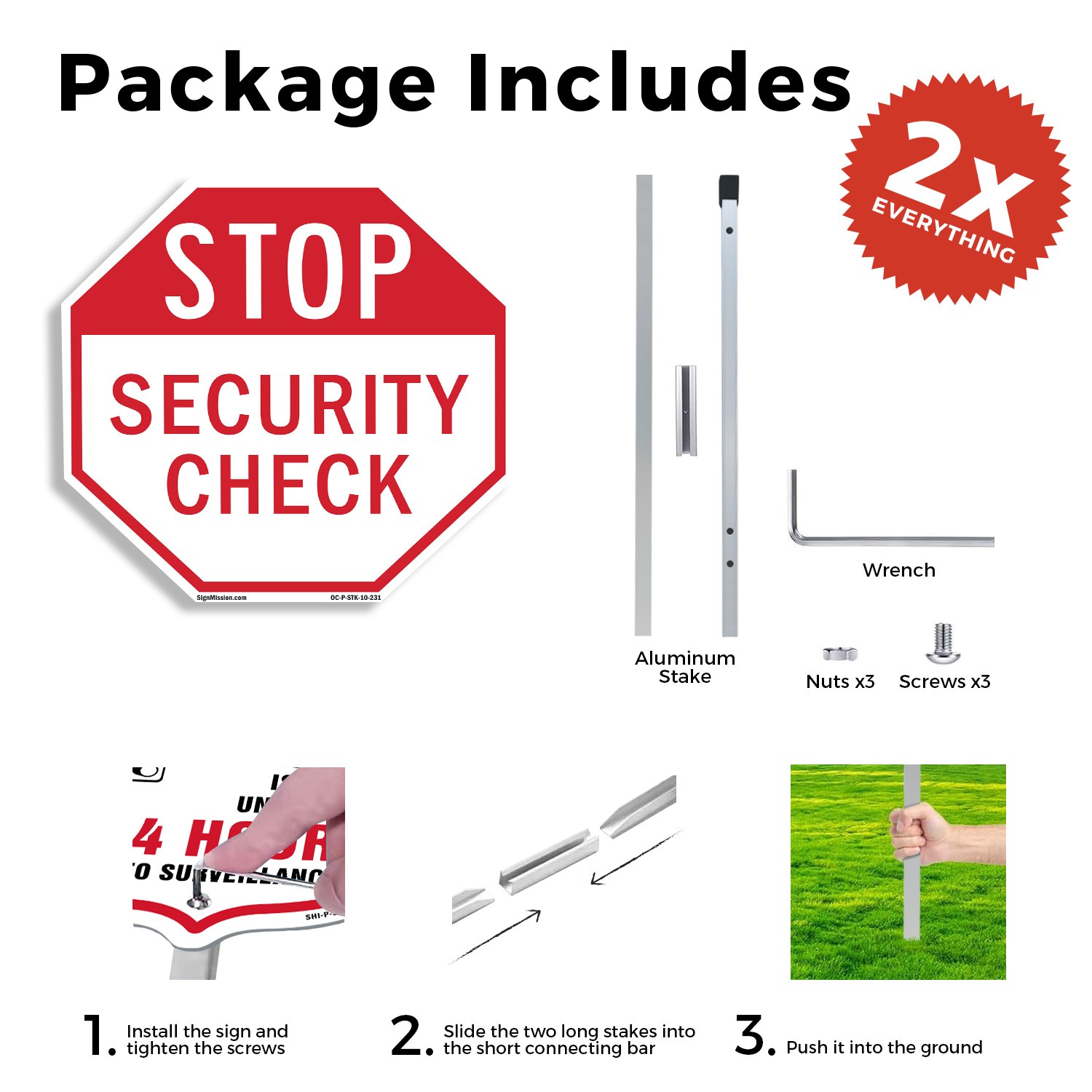 Stop Security Check Octagon Sign With Stake Weather Resistant UV Protected