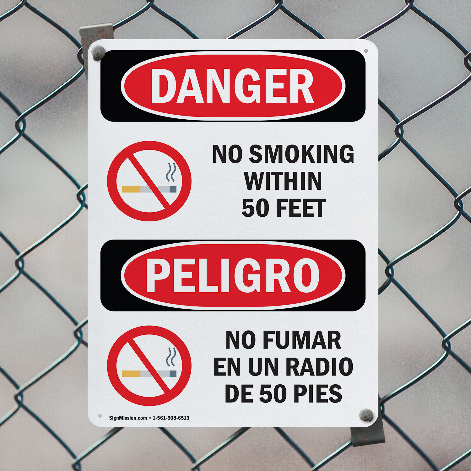 (2 Pack) No Smoking Within 50 Feet Bilingual OSHA Danger Sign Decal Metal