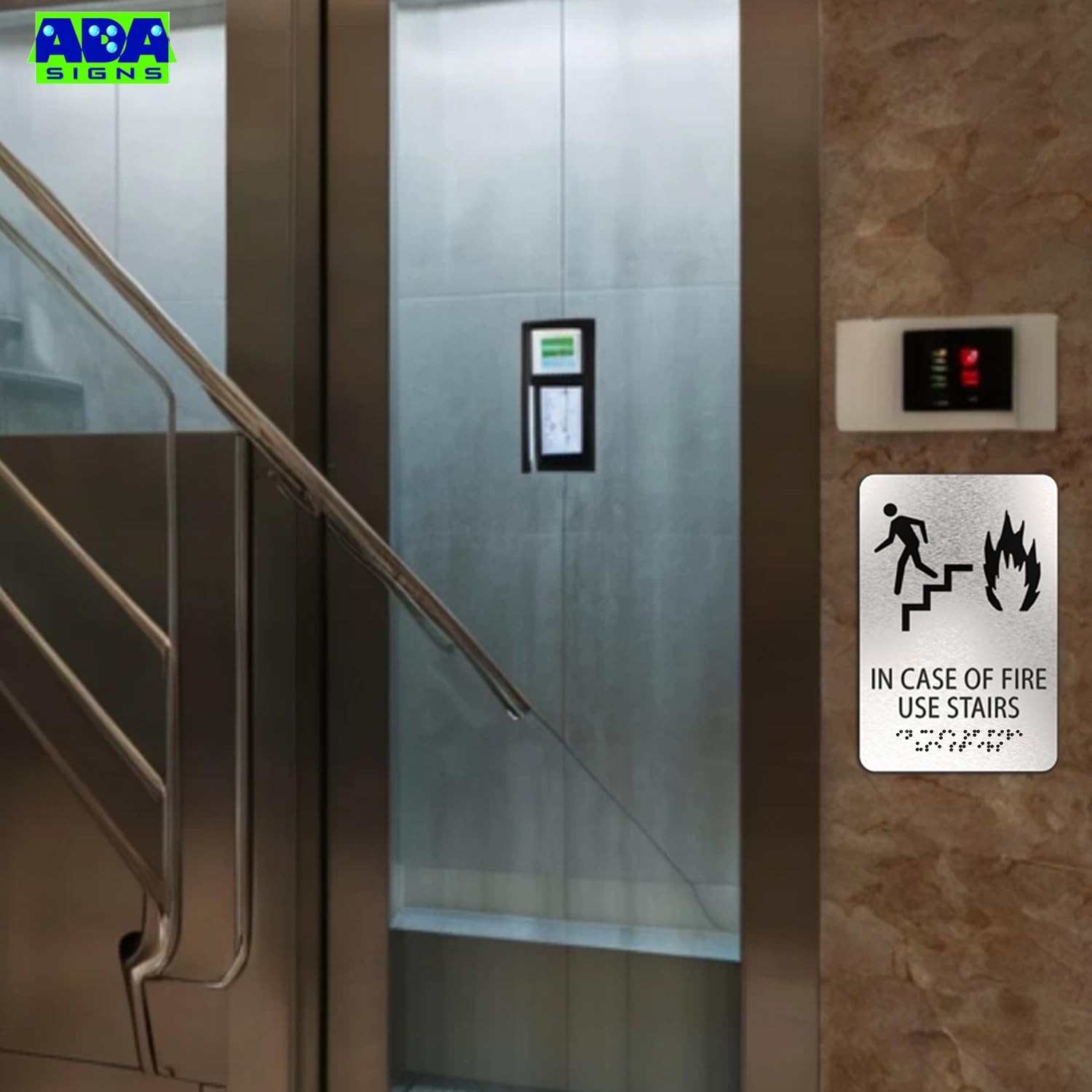 In Case Of Fire Use Stairs Sign ADA Compliant Brushed Silver 6×9 Inch Braille