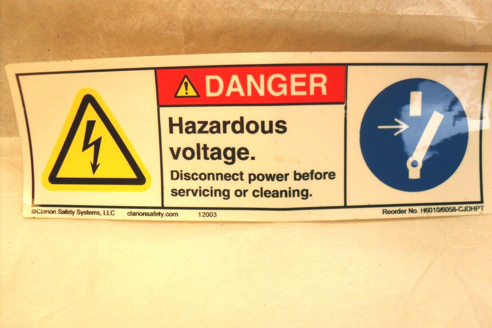 qty 10 – Decal  » DANGER – Hazardous Voltage » Stick On 6&Prime; x 2-1/4&Prime;