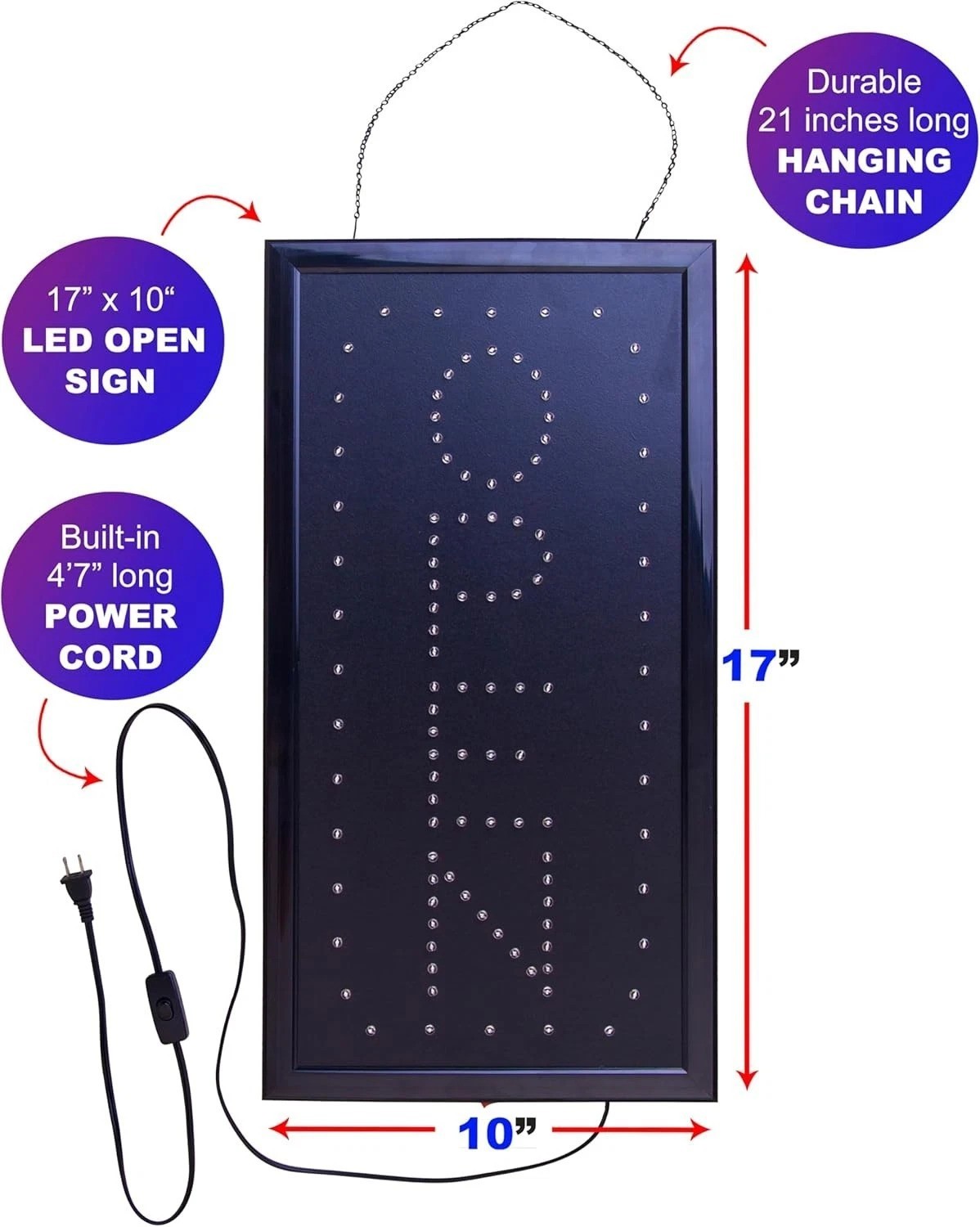Modern Vertical Neon Open Sign with Business Hours – Easy Installation & Bright
