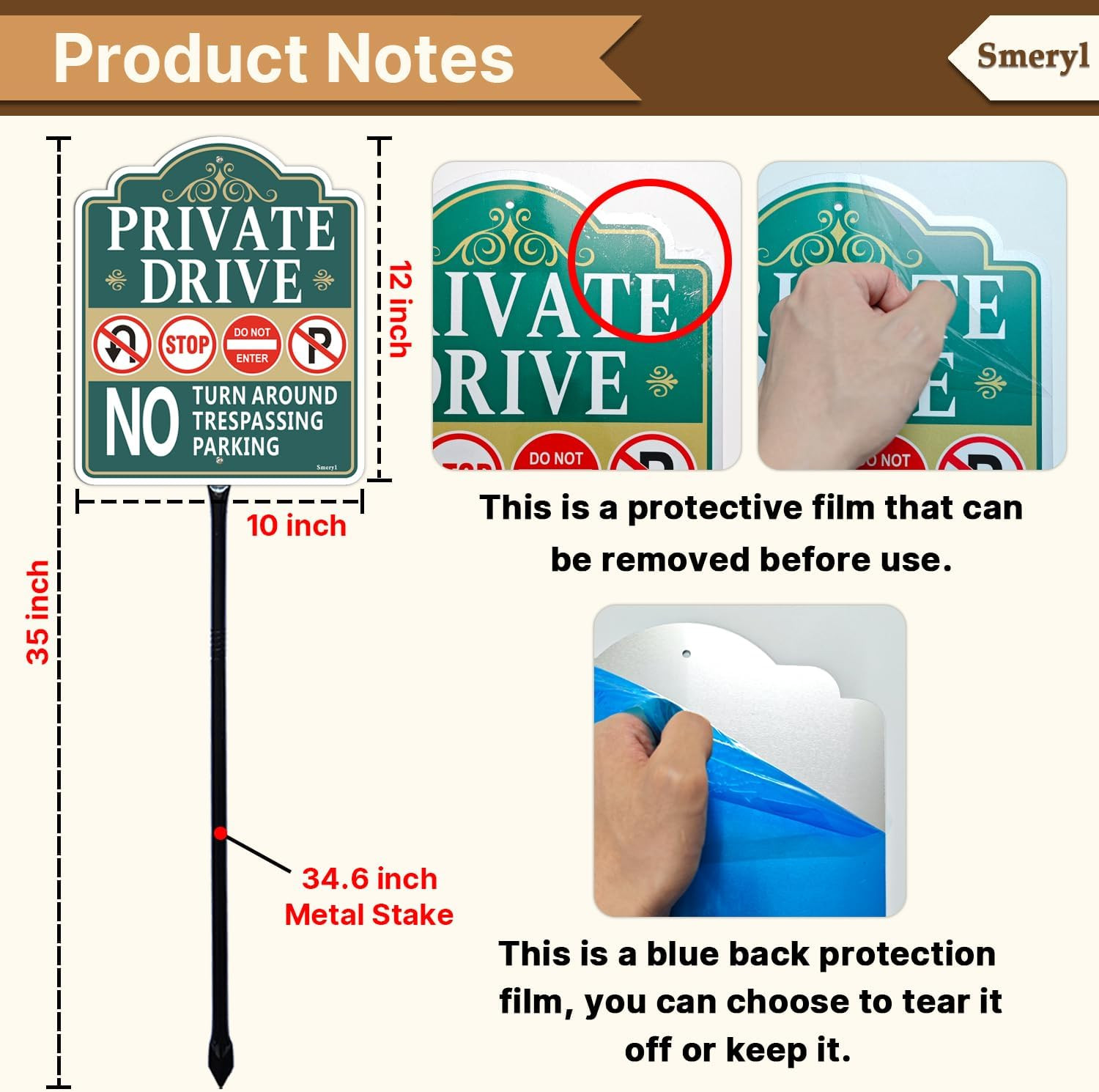 Private Drive No Turn around Sign with 34.6&Prime; Stake for Yard, 12&Prime; X 10&Prime; Private D