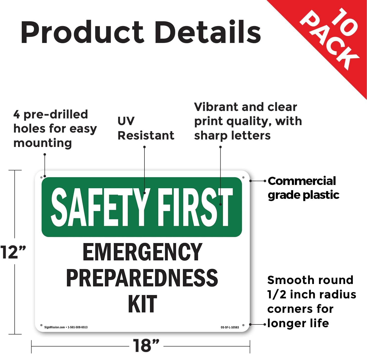 Emergency Preparedness Kit OSHA SAFETY FIRST Rigid Plastic Sign 18 Inch X 12 Inc
