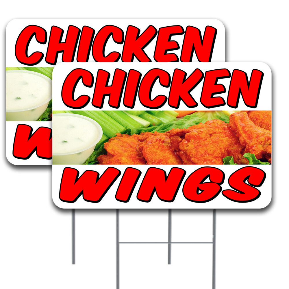 CHICKEN WINGS 2 Pack Double-Sided Yard Signs 16&Prime; x 24&Prime; with Metal Stakes (Made i