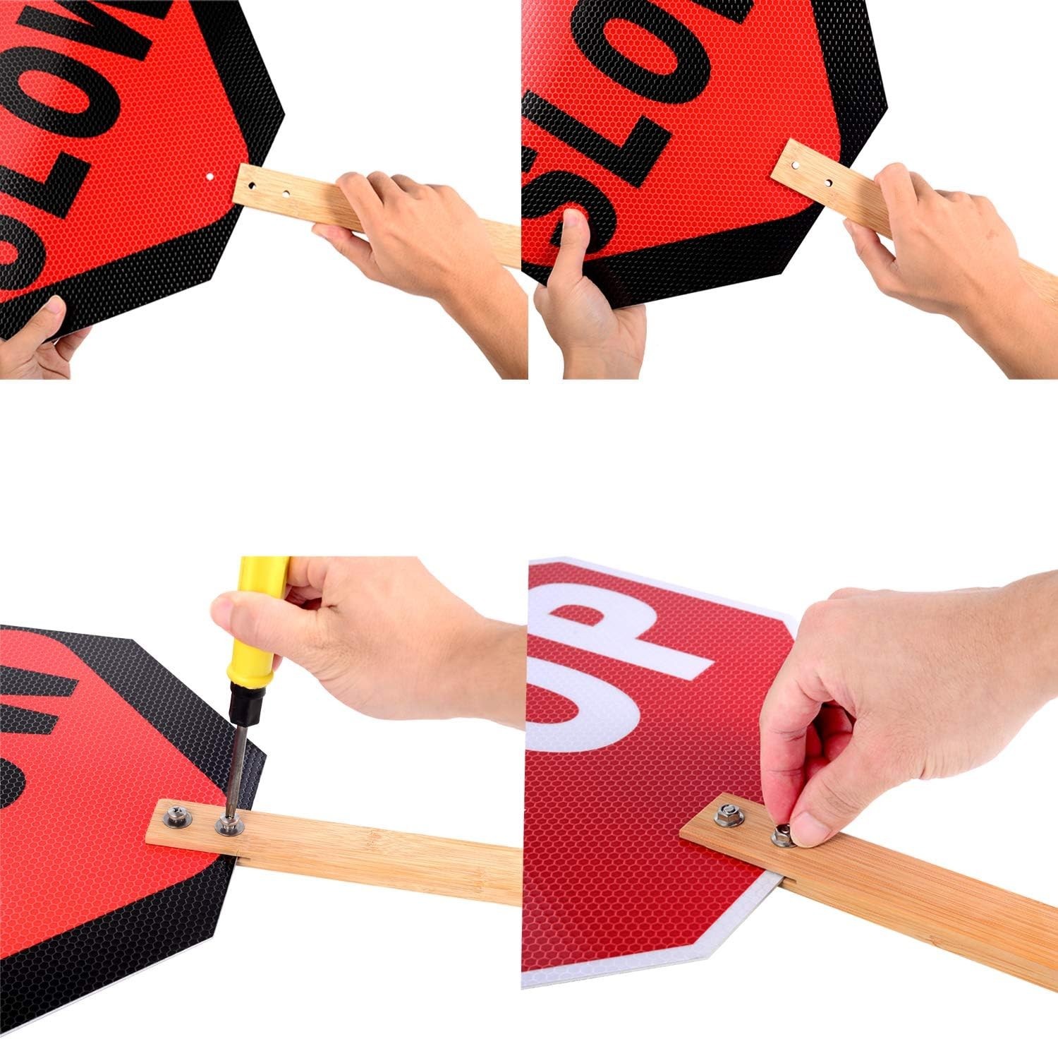 Portable Aluminum Handheld Stop Slow Sign, 13 Inch with Sturdy Bamboo Handle