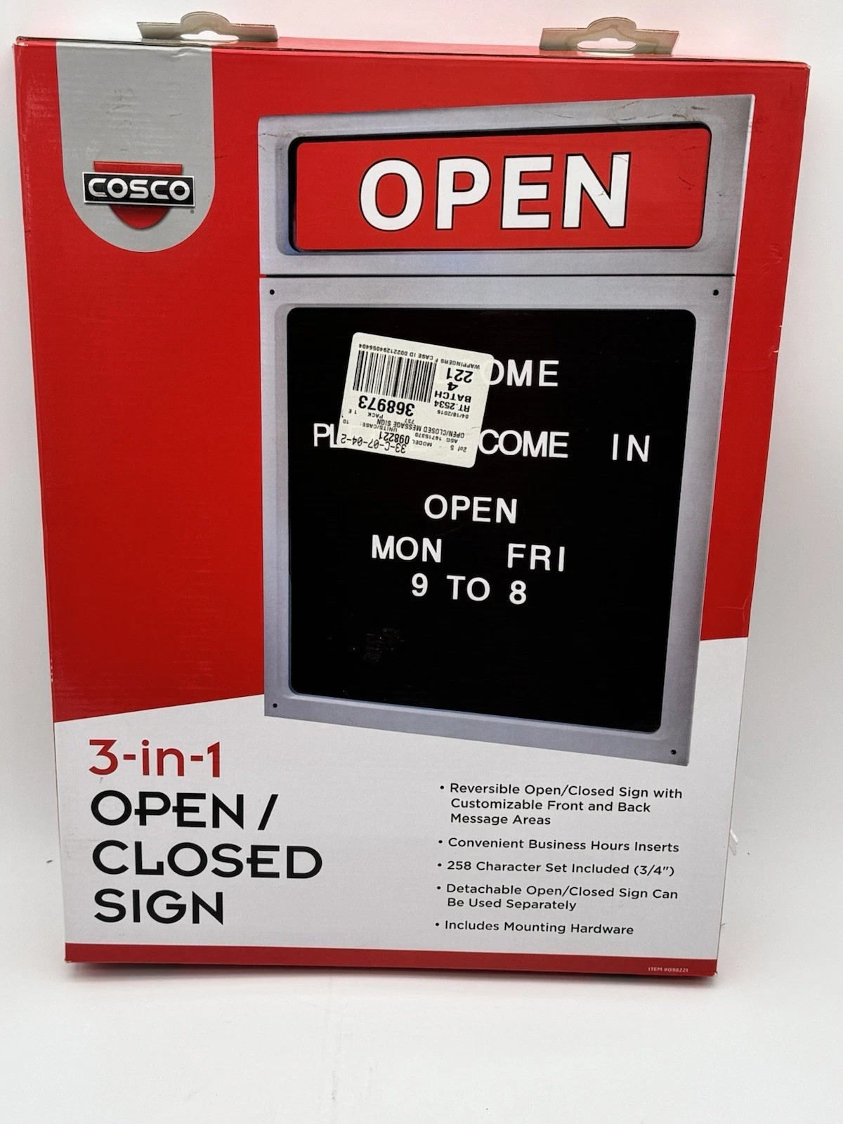Open Close for Business Sign, 3 in 1, Cosco, 3/4 inch changeable characters