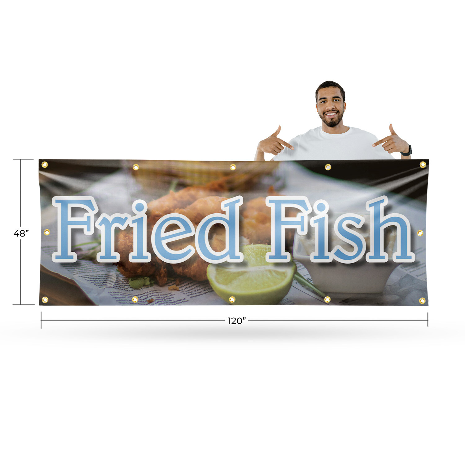 Fried Fish 13 oz Vinyl Banner Sign with Metal Grommets Heavy-Duty Single-Sided
