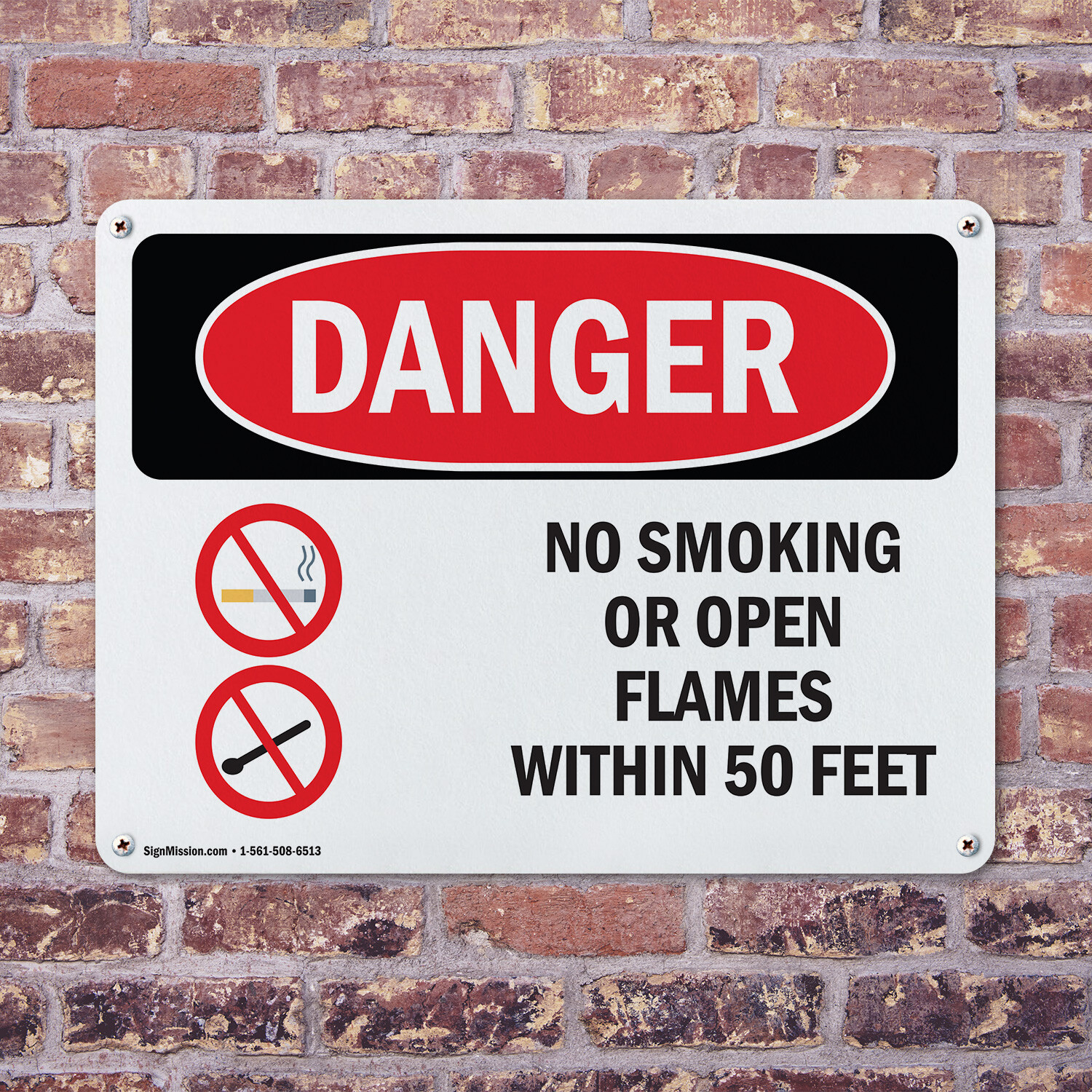 (2 Pack) No Smoking Or Open Flames Within 50 Feet OSHA Danger Sign Decal Metal