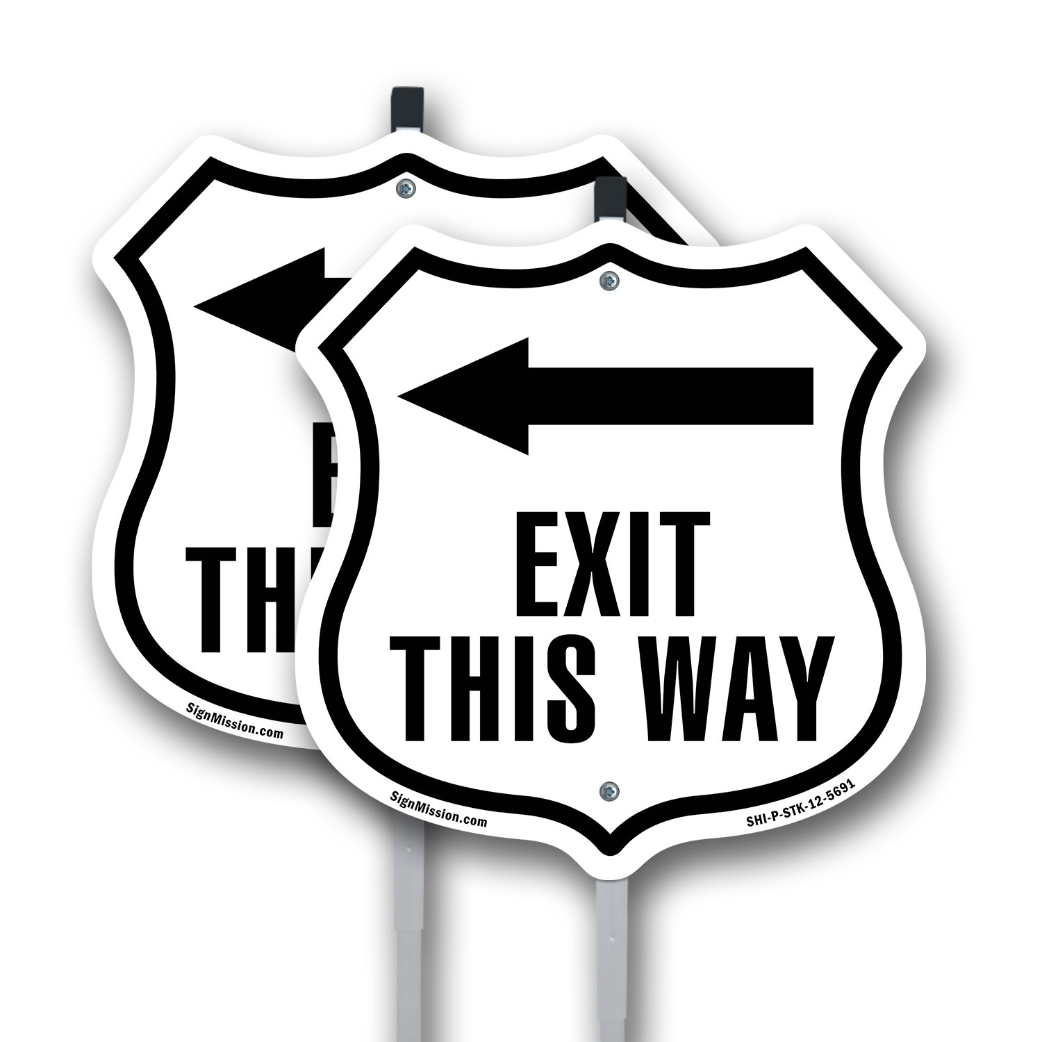 Exit This Way Left Shield Shaped Sign With Stake Crafted in the USA