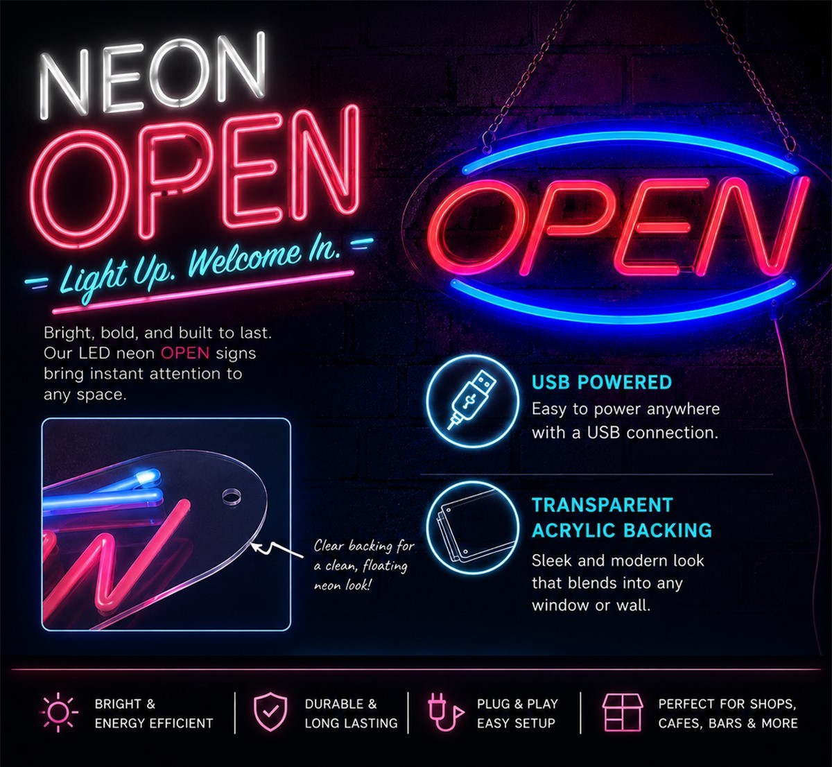 LED Neon OPEN Signs for Shop Windows – 14 Unique Variations