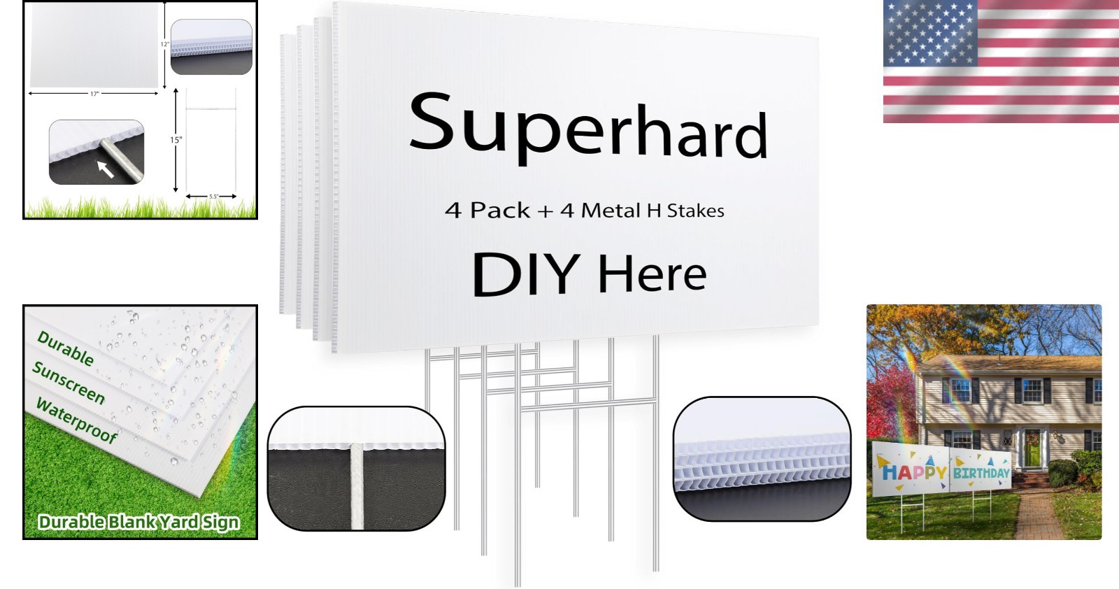 4 Pack Yard Signs 17×12 Inches White Plastic with Metal Stakes Customizable f…