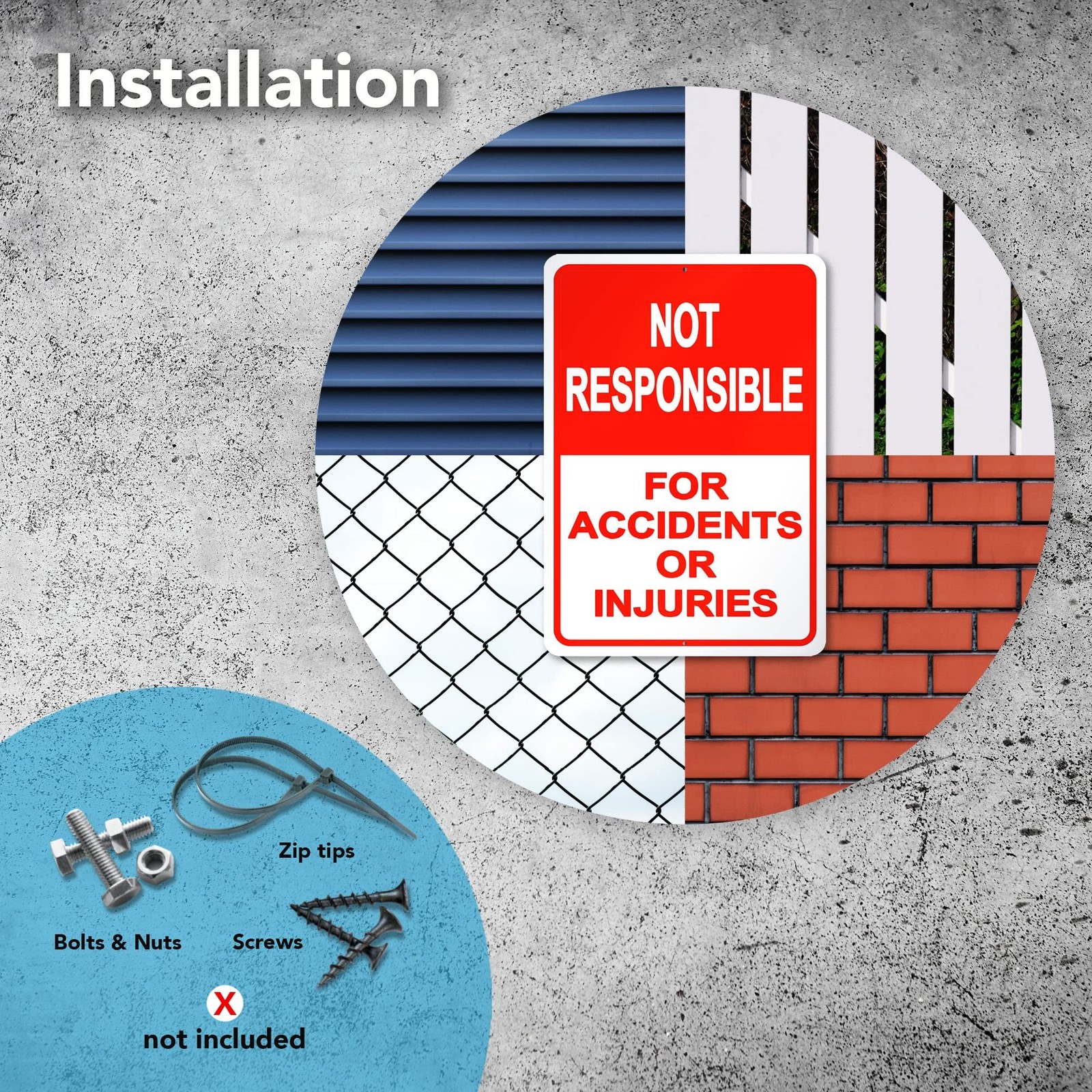 2-Pack Property Warning Sign: Not Responsible for Accidents or Injuries, 10&Prime; x 7