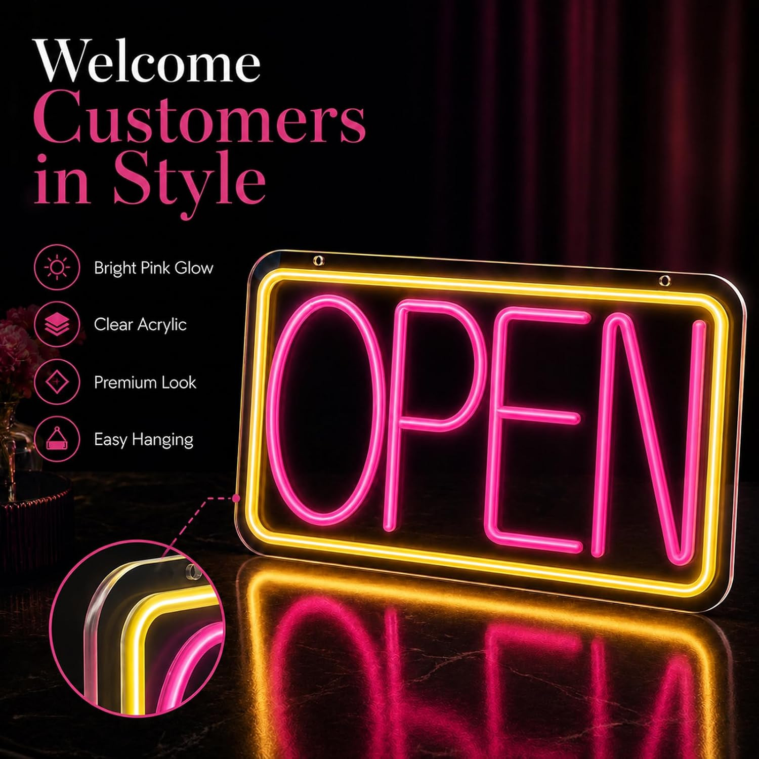 LED Open Sign Neon Light 17&Prime; X 9.3&Prime; for Business Window Yellow + Rose Red