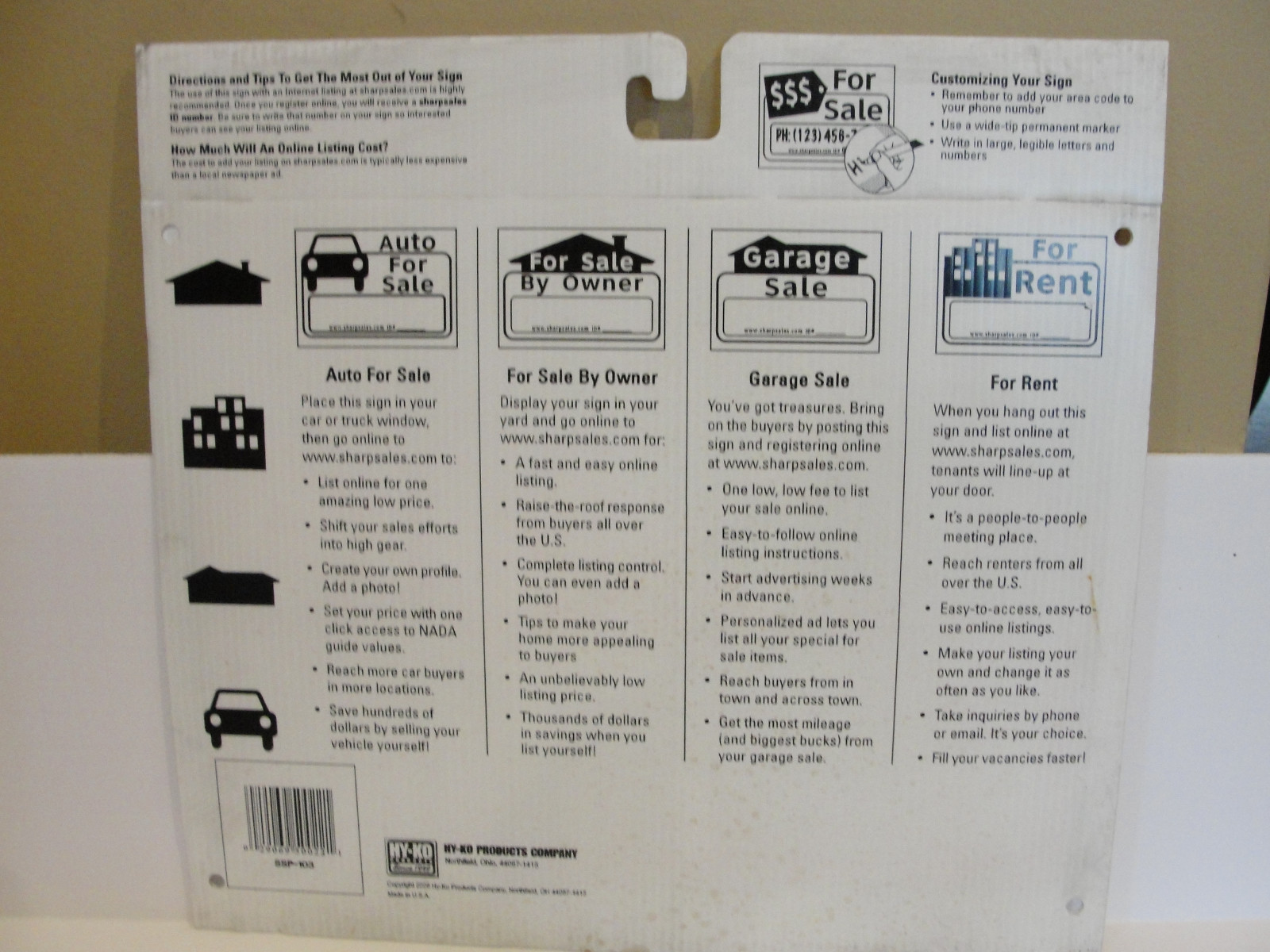 HY KO Products SSP-103 « For Sale » Sign 10&Prime; x 13&Prime;