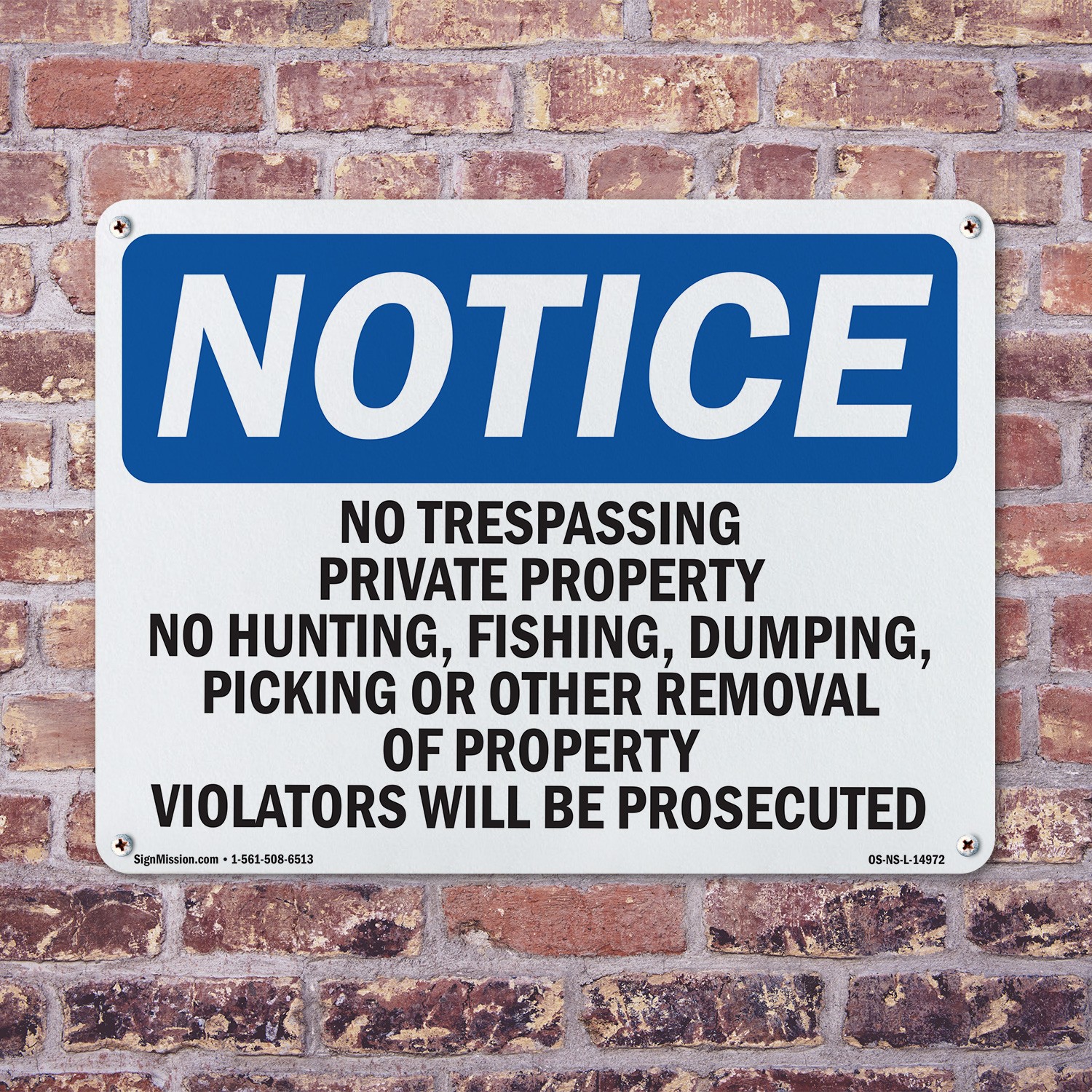 No Trespassing Private Property No Hunting OSHA Notice Sign, Decal 5 or 10 Pack