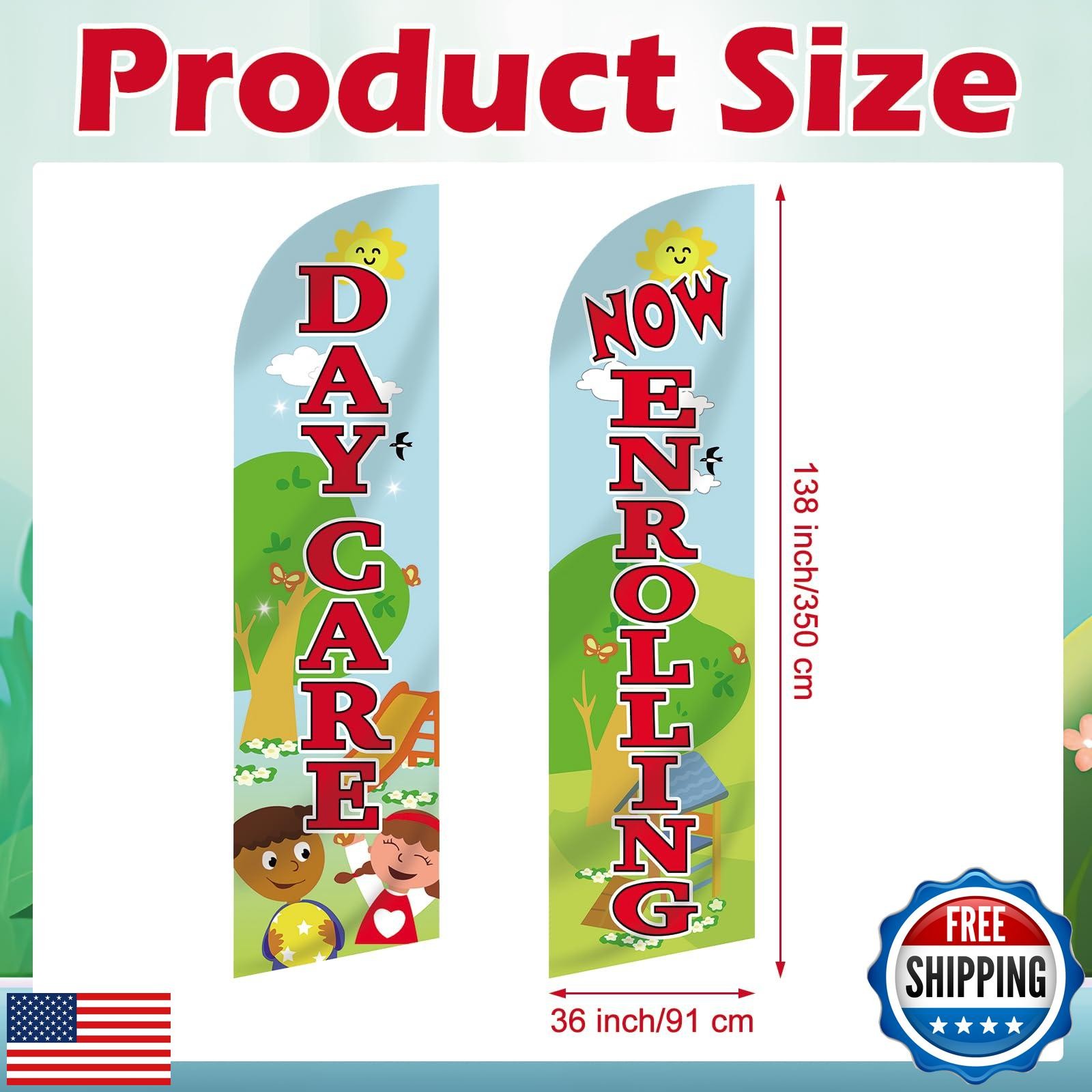 Mindsoft 2 Pcs Now Enrolling Day Care Feather Flag 3 ft x 11.5 ft Heavy Duty