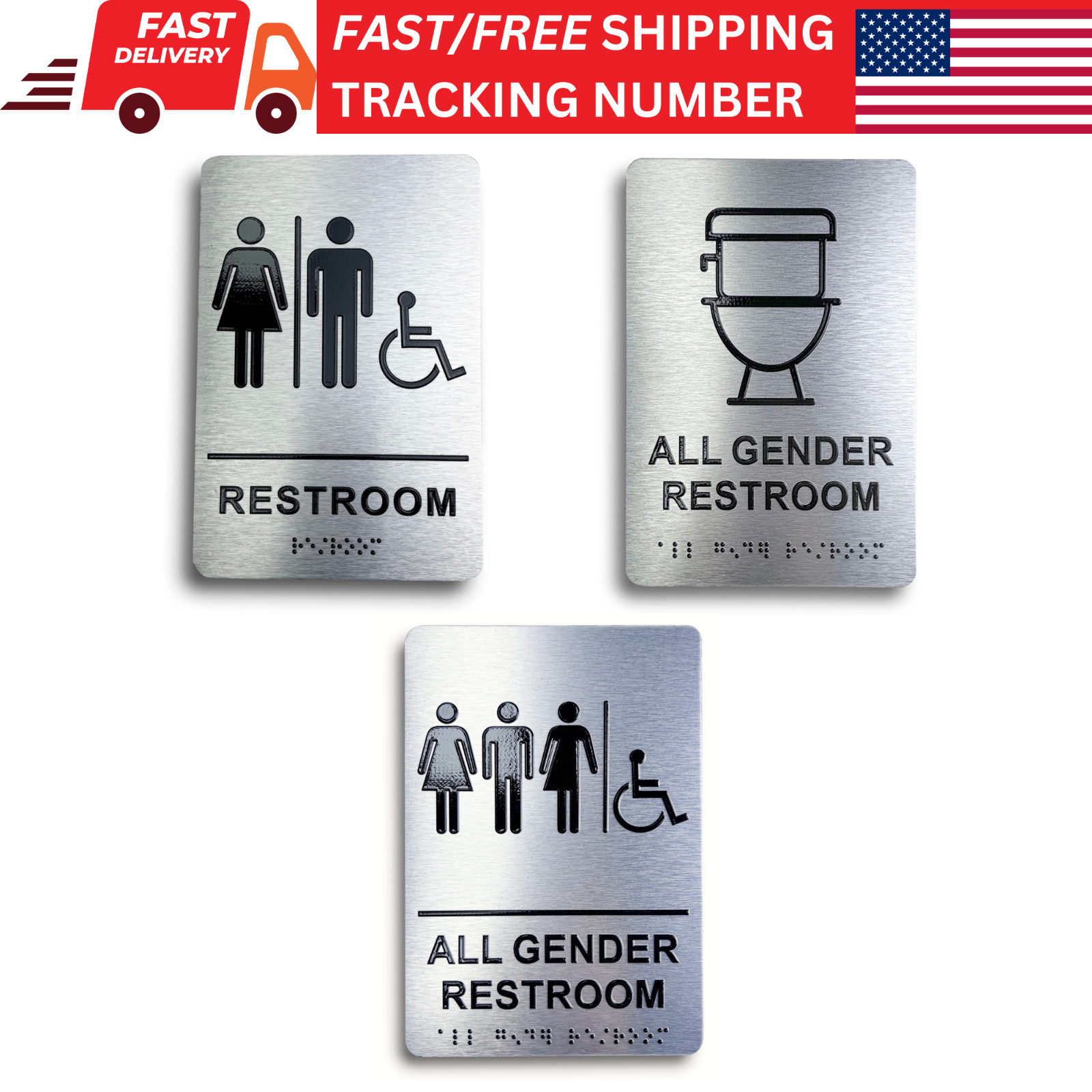 Unisex Restroom Sign with Braille, Aluminum 9 x 6&Prime; ADA Restroom Sign