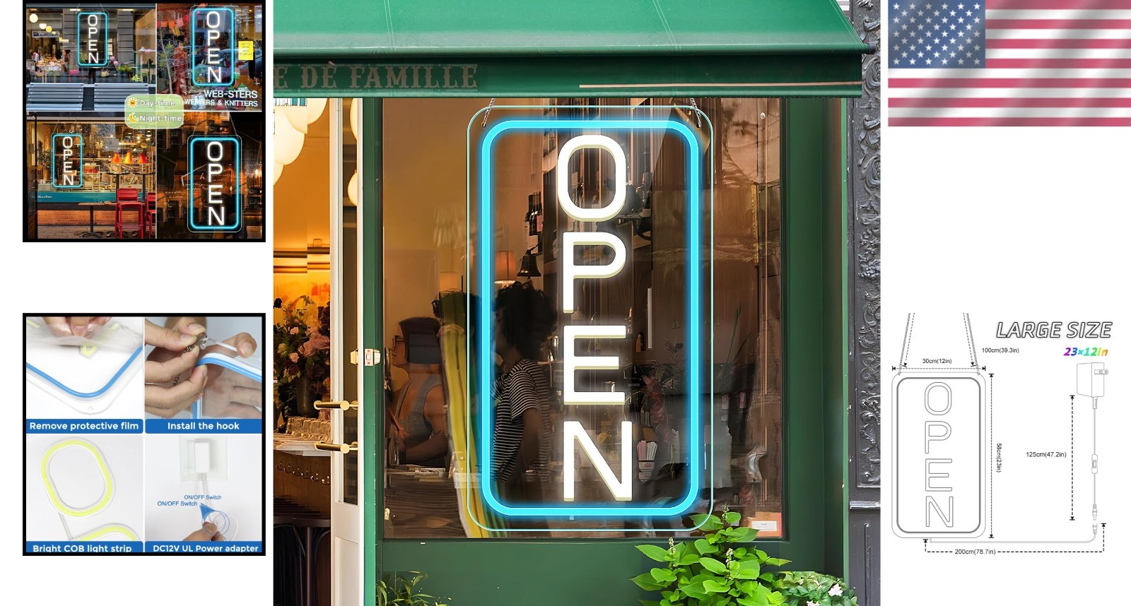 Large 23&Prime; LED Neon Open Sign, Ultra Bright Blue White, ON/OFF Switch, Bar Salon
