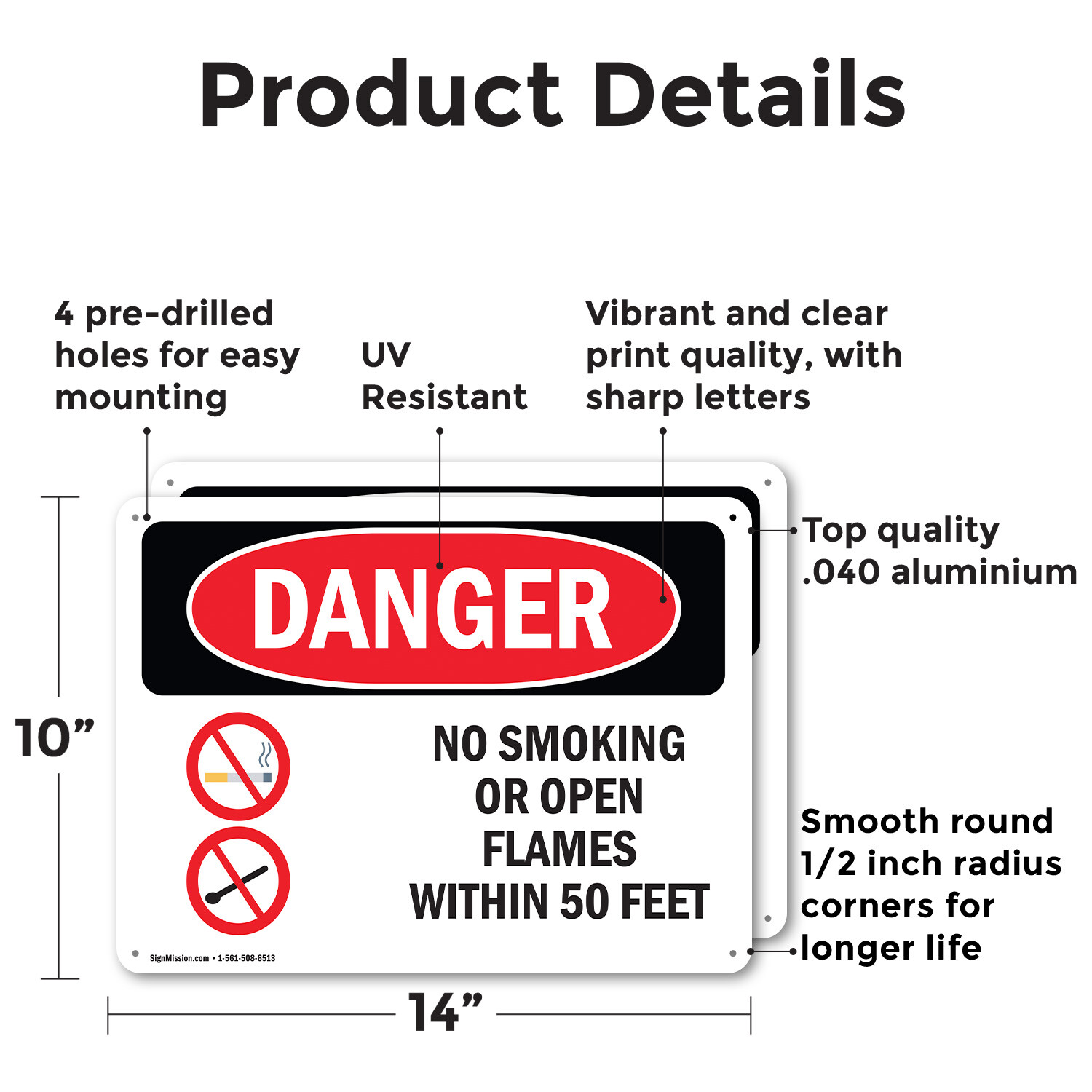 (2 Pack) No Smoking Or Open Flames Within 50 Feet OSHA Danger Sign Decal Metal