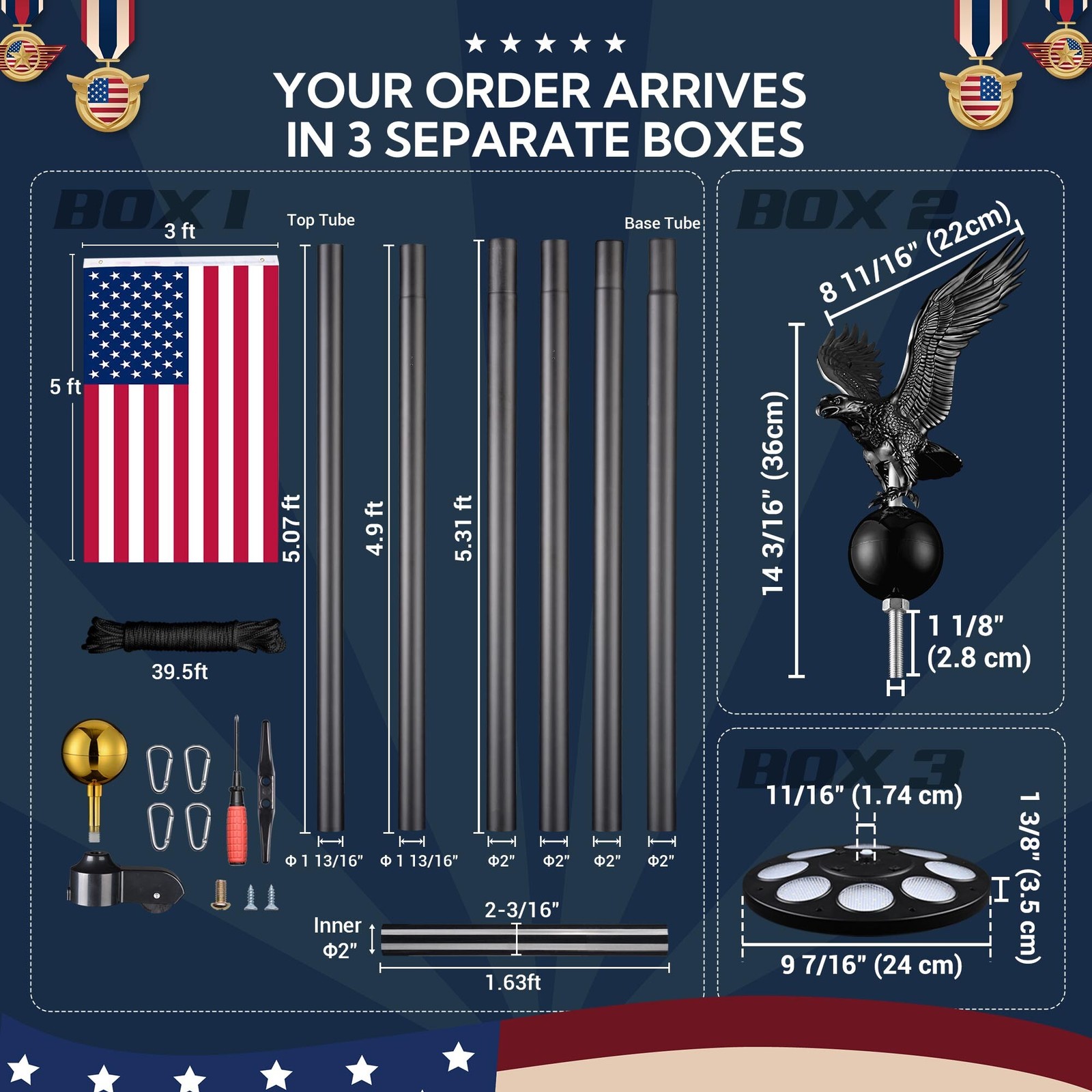Yescom 30&prime; Sectional Aluminum Flag Pole Kit w/ Solar Light US Flag Eagle Topper